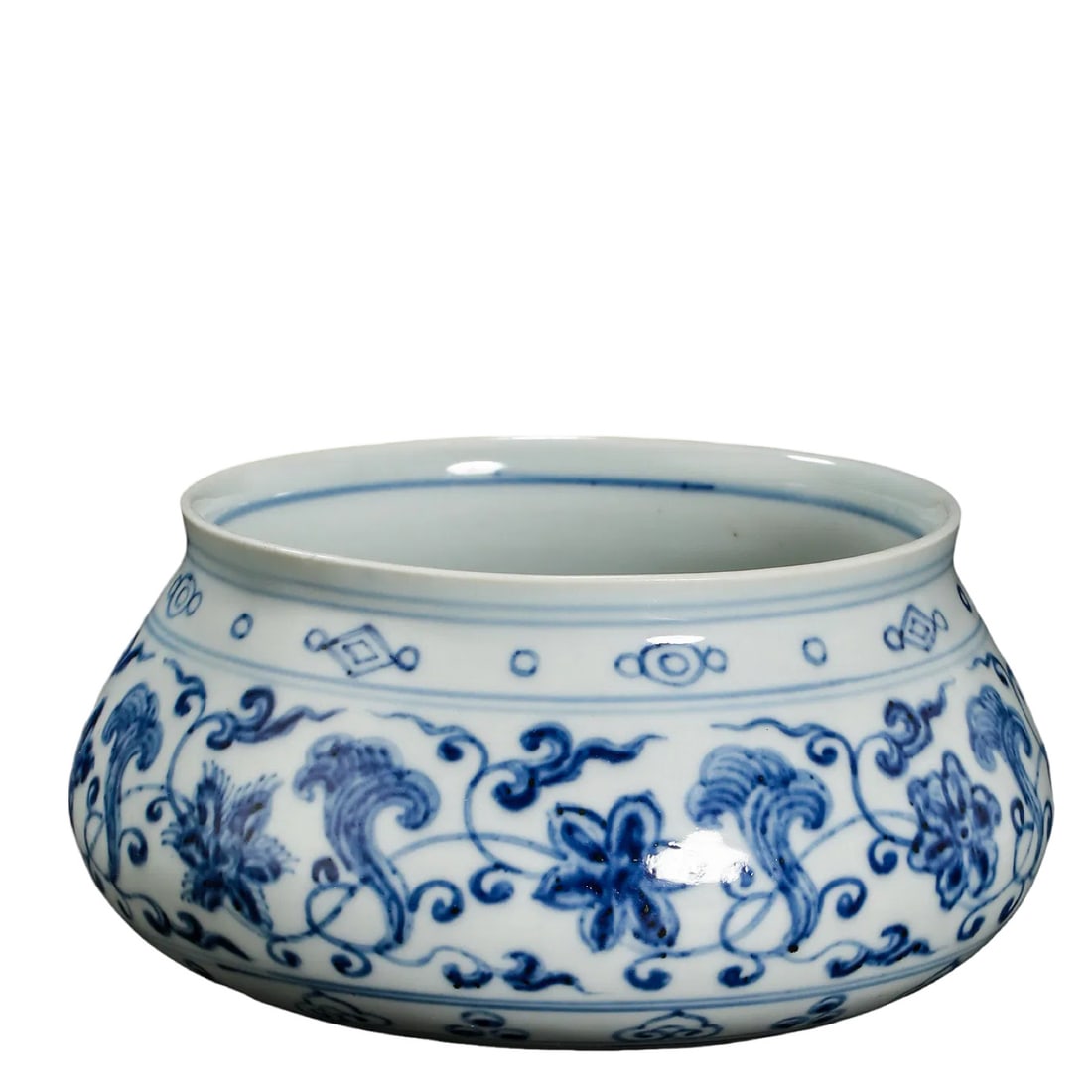 Ming Dynasty Blue and White Lotus Scroll and Lingzhi Brush Washer in Bowl Form: Dimensions (cm/inches | Century: 15th–16th Century): Rim Diameter 12.3 cm (4.84 in), Height 8 cm (3.15 in?Condition & Provenance: Excellent overall condition with no cracks, hairlines, chips, or res