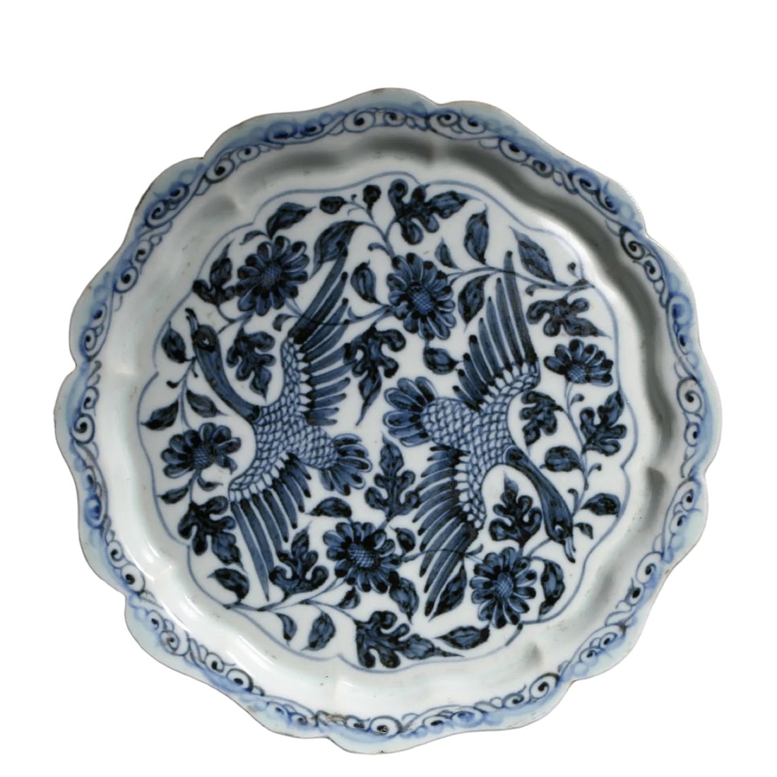 Yuan Dynasty (14th Century) Blue and White Dish with Mandarin Ducks Among Floral Motifs, Lobed Rim: Dimensions: Diameter 16.6cm (6.5inches), 14th Century Yuan Dynasty Porcelain?Condition & Provenance: Good condition with natural kiln marks, light surface wear, and aged soil deposits consistent with 
