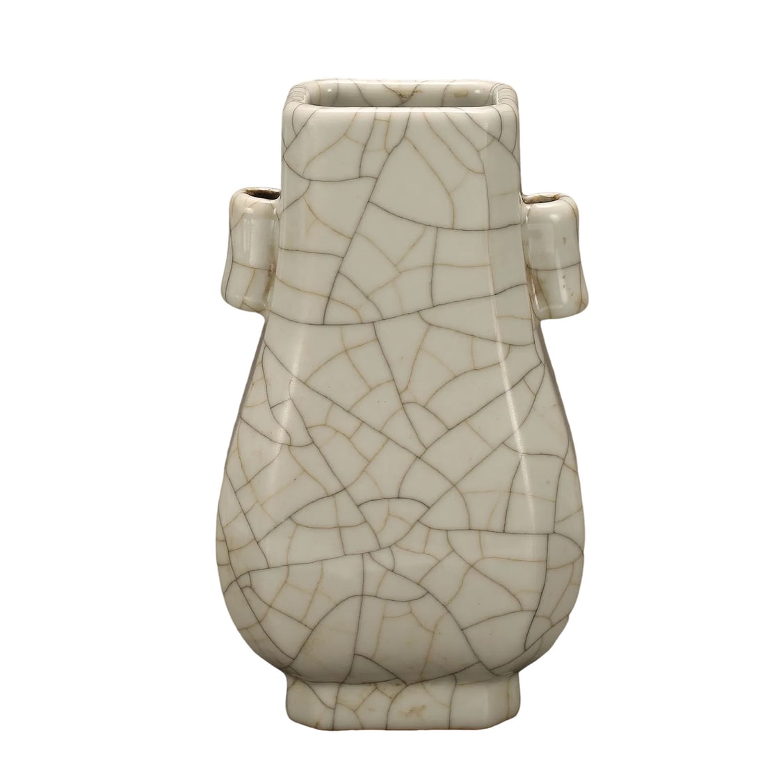 Qing Dynasty, Qianlong Period (1736–1795) Imperial Ge-Type Crackle-Glazed Square Vase with Tubular: Dimensions (cm/inches | Century: 18th Century): Height 14.5 cm (5.71 in)?Condition & Provenance: Excellent overall condition with no cracks, hairlines, chips, repairs, or restoration. The glaze is bea