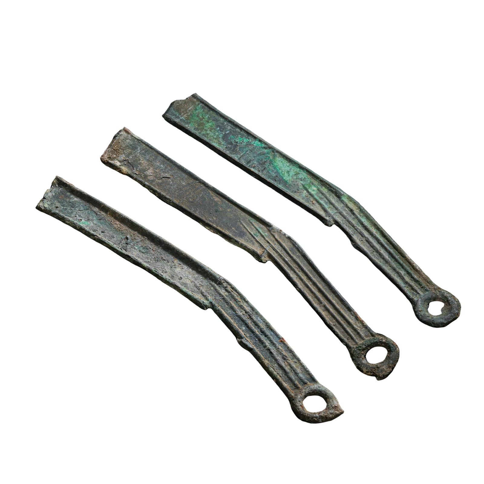 Warring States Period (4th–3rd Century BCE) Group of Three Yan State Ming Dao Knife Coins: Dimensions: Each coin measures approximately 13.4 cm (5.3 in) in length, Total weight 49 g (1.7 oz), Warring States Period (4th–3rd Century BCE)?Condition & Provenance: The group is preserved in nat