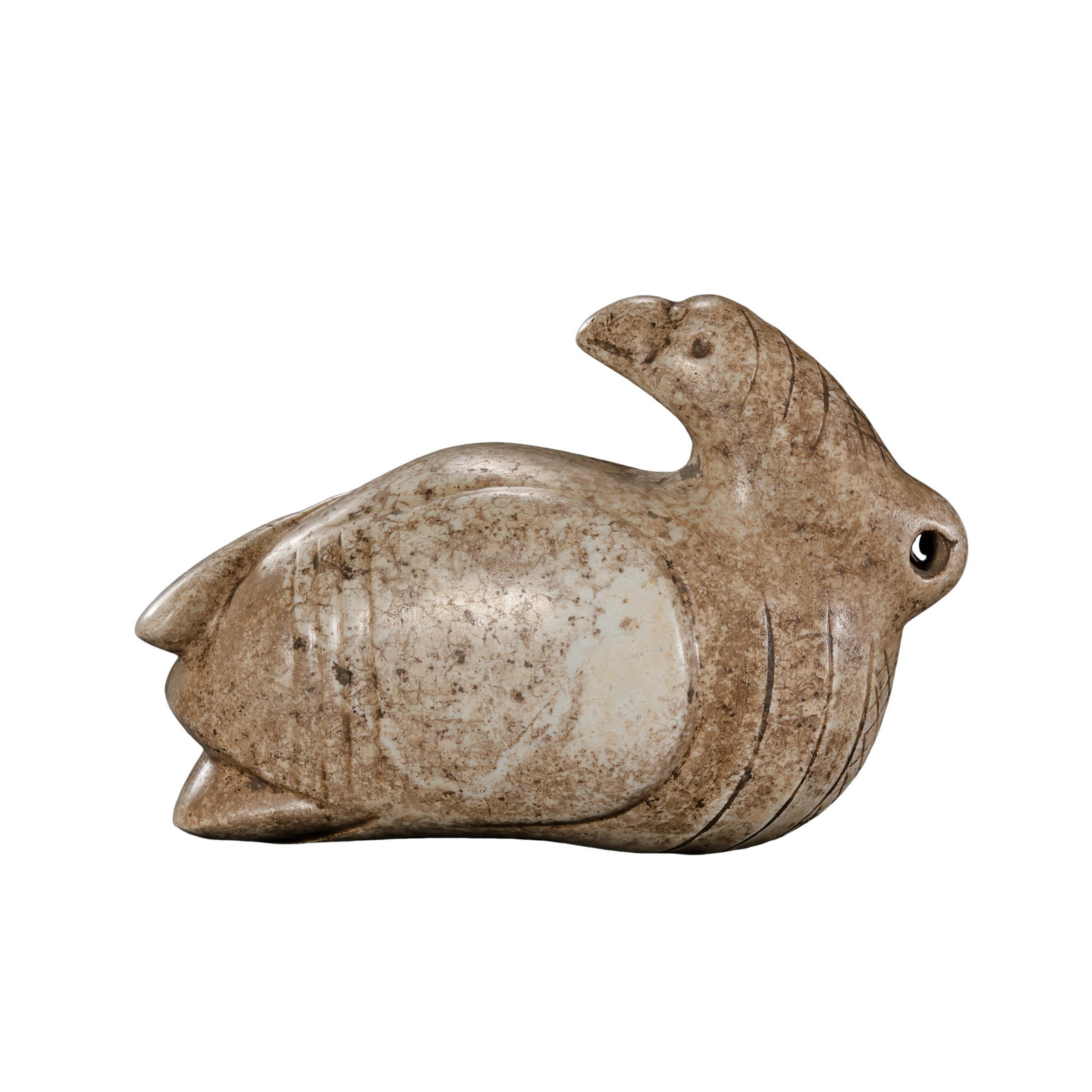 Hongshan Culture Chicken-Bone White Jade Recumbent Divine Bird, Neolithic Period c.4700-2900 BCE (1 of 12)