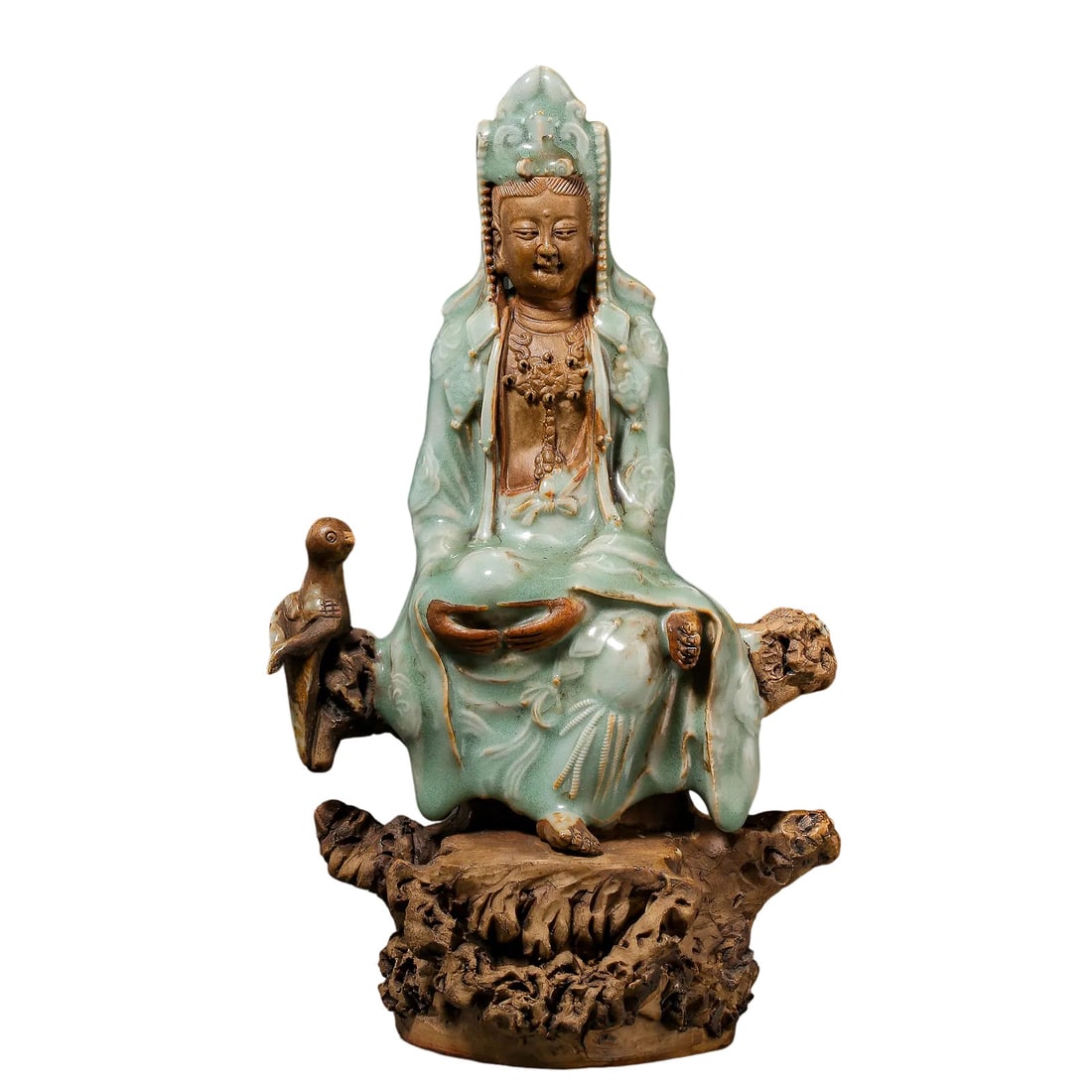 Ming Dynasty (15th Century) Longquan Celadon Seated Guanyin Figure: Dimensions: Height 25cm, Width 14cm (approximately 9.84 × 5.51 inches); Dating: 15th century, Ming Dynasty?Condition & Provenance: Good overall condition with well-preserved celadon glaze, exposed cl