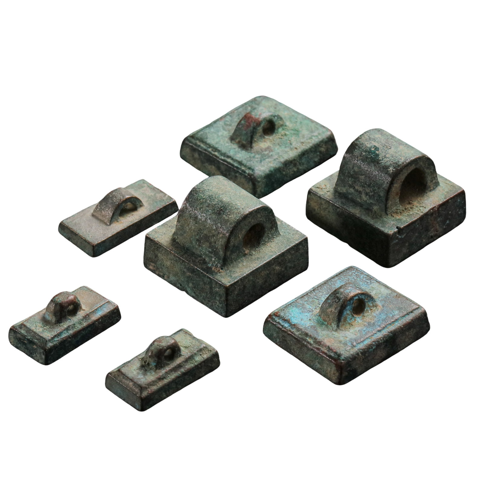 Warring States Period (5th–3rd Century BCE) A Group of Six Bronze Seals with Tile-Shaped Knobs: Dimensions: Largest seal face approximately 2cm (0.79in), smallest length 1.7cm (0.67in), height 0.7–1.6cm (0.28–0.63in), total weight 101g, Warring States Period (5th–3rd Century BCE)?Condition