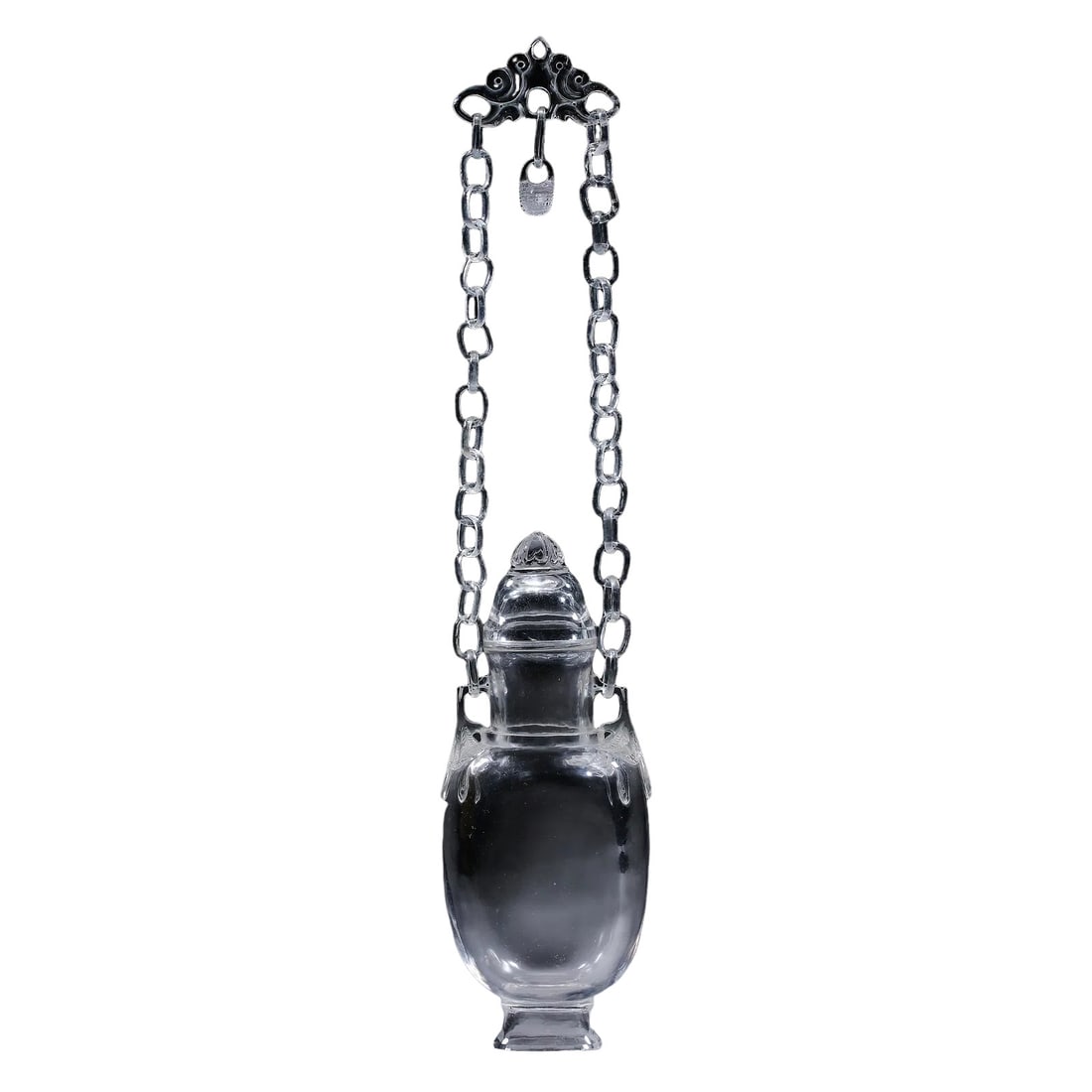 Qing Dynasty (18th Century) Rock Crystal Hanging Bottle with Interlocking Chain and Cover: Dimensions: Height 41cm (16.14in), maximum width of hanging ornament 4.5cm (1.77in), weight 465g, Qing Dynasty (18th Century)?Condition & Provenance: Overall in very good condition. The natural rock c