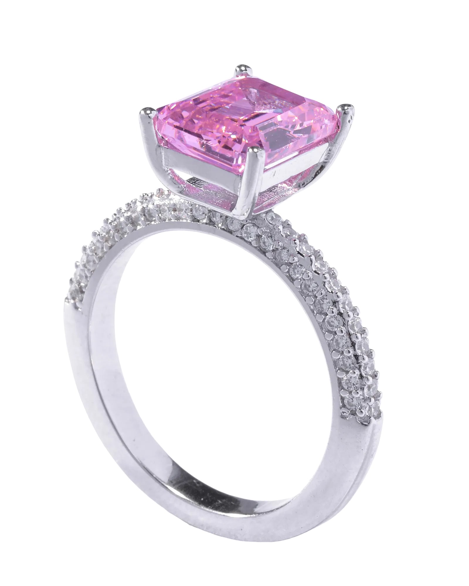 Modern Pink Emerald-Cut Gemstone Ring with Four-Prong Setting and Double Pavé Diamond Band: Object Title: Modern Pink Emerald-Cut Gemstone Ring with Four-Prong Setting and Double Pavé Diamond Band?Period: 21st Century Contemporary, created after 2020 using modern luxury jewelry techniques.?