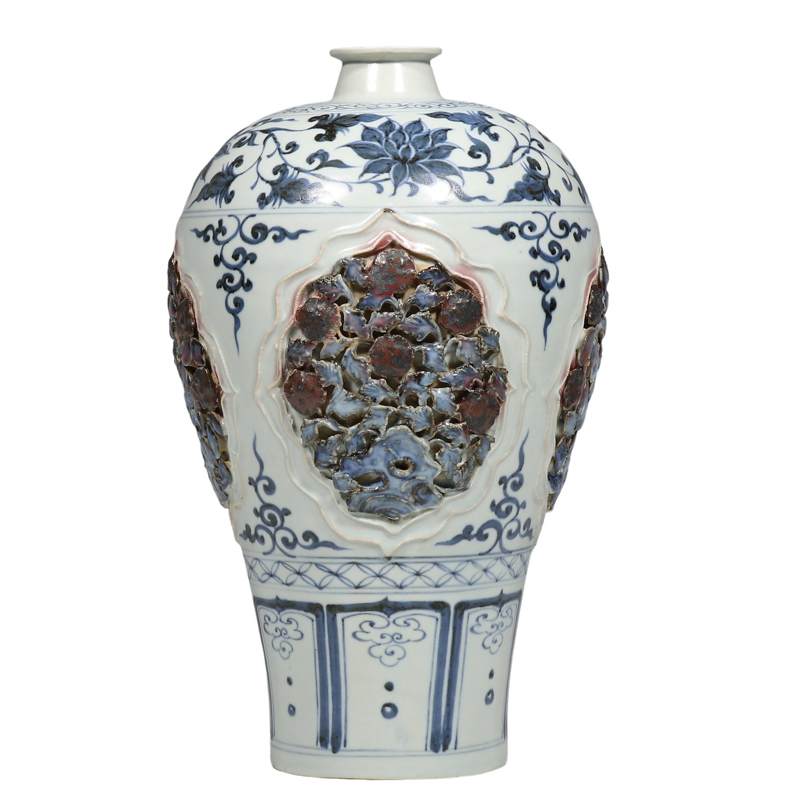 Yuan Dynasty Blue?and?White Underglaze?Red Plum Vase with Openwork Carved Floral Panels (1 of 6)