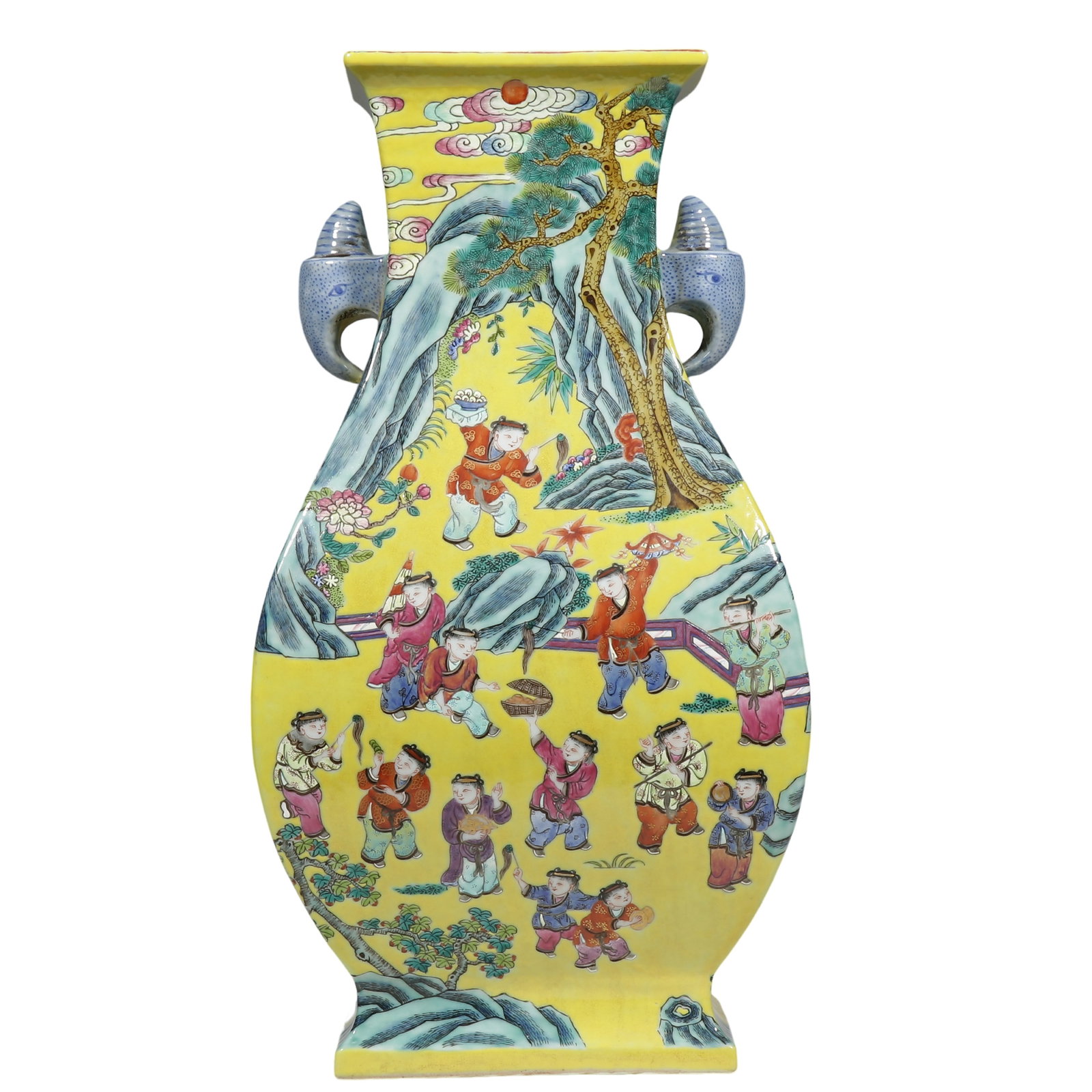 Qianlong Period Yellow?Ground Famille?Rose Square Flat Vase with Elephant?Head Handles,: Dimensions?H.40.5 cm Condition & Provenance?The vessel is fully intact, two elephant?head handles complete, glaze and enamels well?preserved, no cracks or chips. Key?fret border at mouth remains intac
