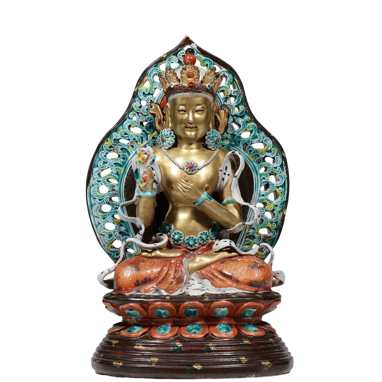 Qing Dynasty Gilded Enamel Porcelain Sculpture of Vajradhara Seated Figure: Dimensions?H.29 cm Condition & Provenance?Overall intact. Back?plate, lotus throne and figure firmly joined. Enamel and gilding with natural age?related minor wear, no cracks or major chips, slight su