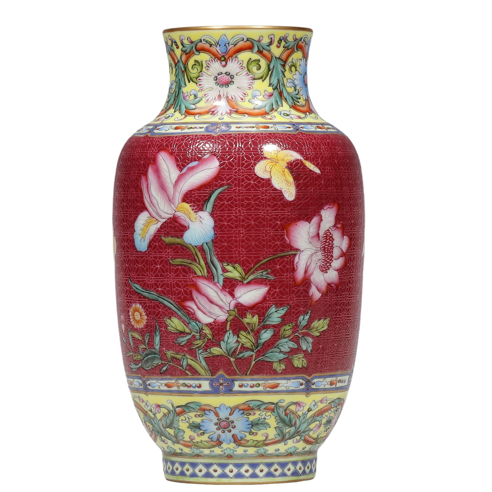 Qianlong Period Ruby?Red Ground Famille?Rose Lantern?Shaped Vase with Ground?Etched: Dimensions?H.24.5 cm Condition & Provenance?Completely intact, no cracks or chips. Enamel well?preserved with minor age?related surface wear, slight gilding abrasion at mouth rim. Smooth turquoise?gre