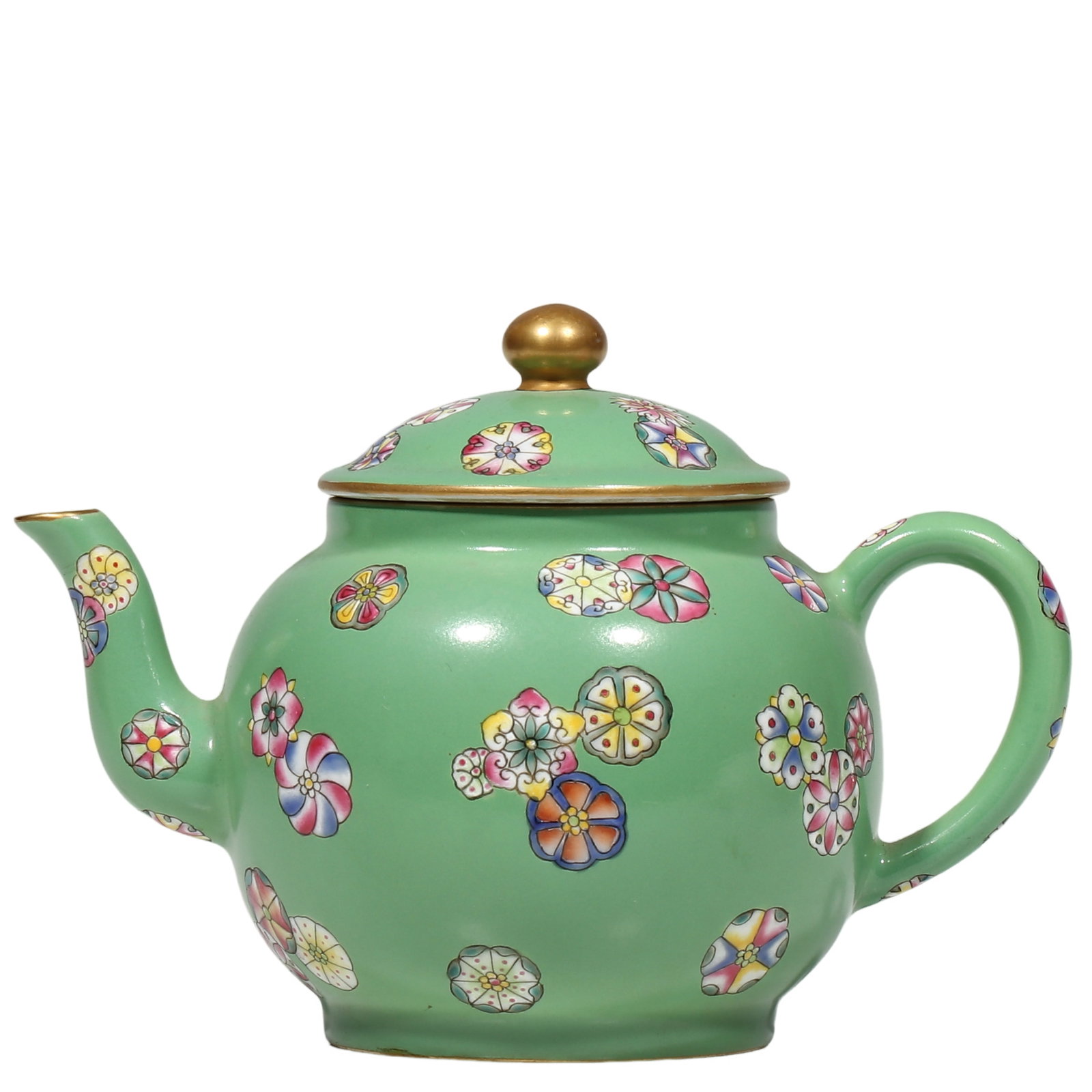 Qianlong Period Apple?Green Ground Famille?Rose Teapot with Ball?Flower Pattern: Dimensions?H.11.6 cm Condition & Provenance?Complete with original lid, no cracks or chips. Smooth glossy apple?green glaze, well?preserved famille?rose ball?flower motifs. Minor age?related gilding w