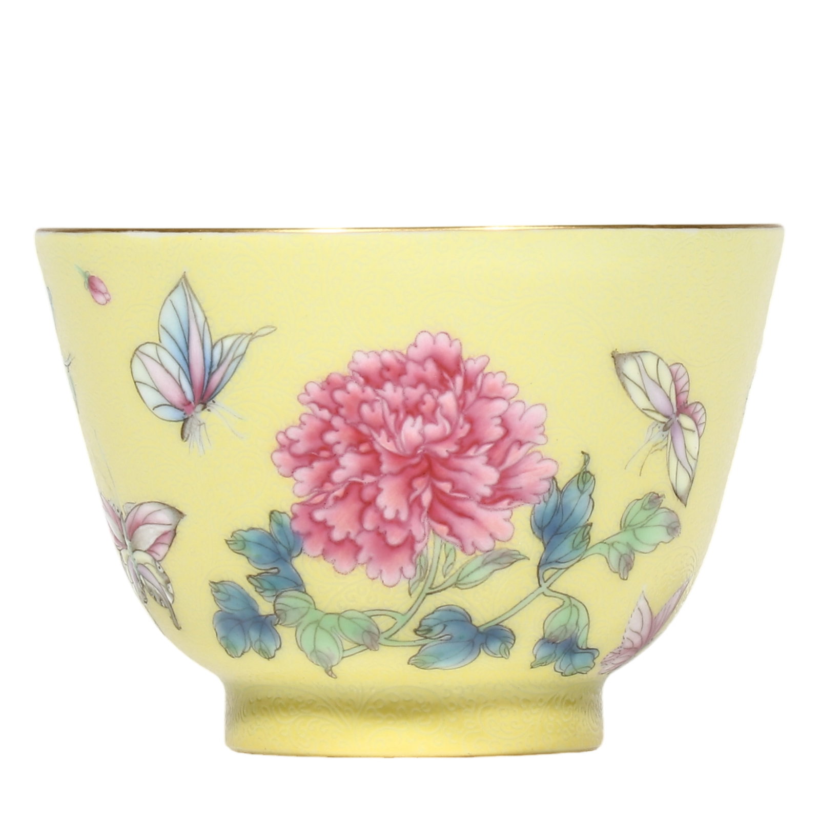 Qianlong Period, Yellow?Ground Sgraffito Famille?Rose Cup with Flower?and?Butterfly Motif: Dimensions?H.5 cm, Diam.7.5 cm Condition & Provenance?Fully intact, no cracks or chips. Well?preserved sgraffito ground, vibrant enamels, natural age?related gilding wear at rim, moderate wear on foot