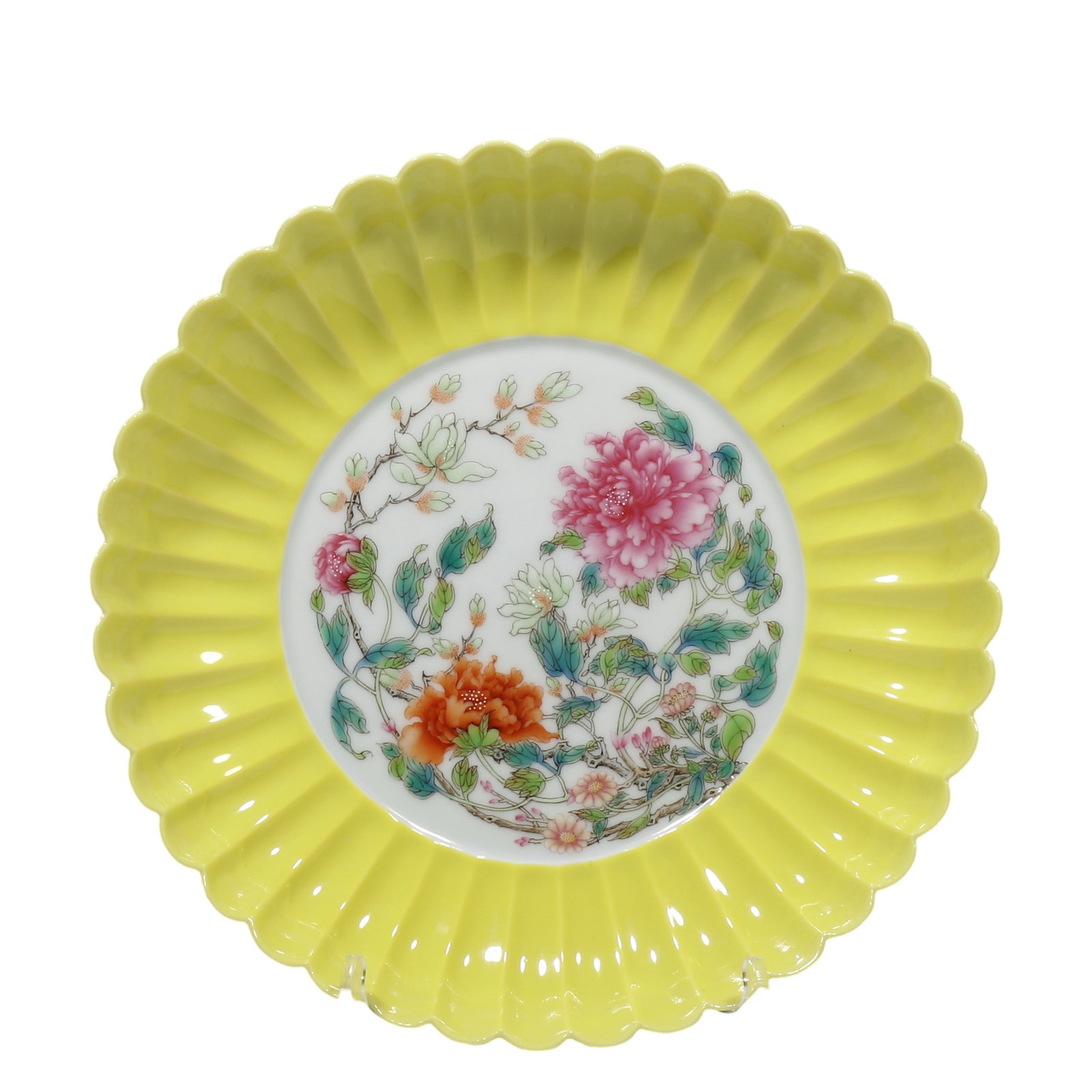Qianlong Period, Yellow?Glazed Chrysanthemum?Shaped Dish With Famille?Rose Peony and Magnolia (1 of 6)