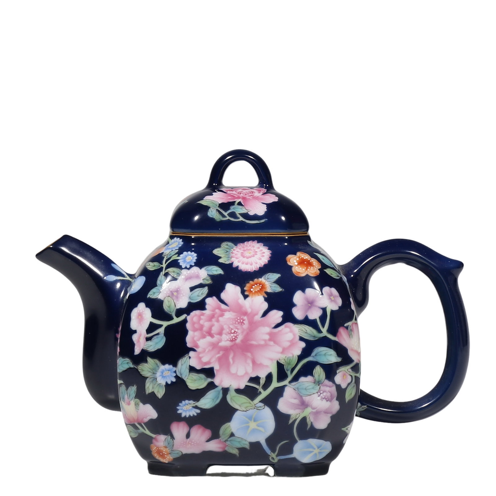 Qianlong Period, Sacrificial?Blue?Ground Falangcai Square Teapot with Hundred?Flower Motifs: Dimensions?H.11.5?cm (0?ft?4.53?in) Condition & Provenance?Fully intact, no cracks or chips on body and cover. Smooth lustrous sacrificial?blue glaze, well?preserved vibrant falangcai enamels, intact 