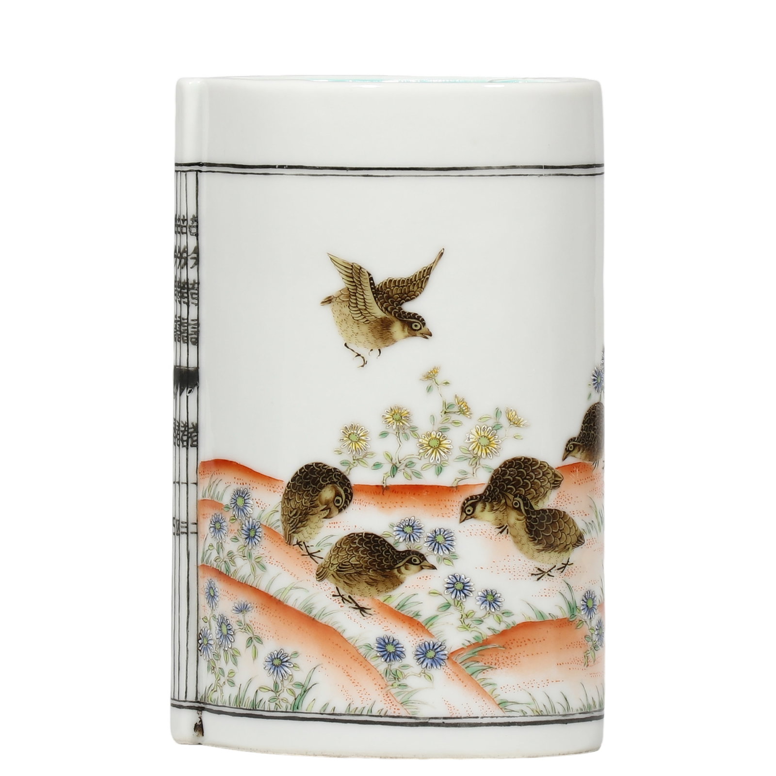 Daoguang Period, Famille?Rose Book?Shaped Brush Pot with Quail Scene, Shen?De?Tang Mark: Dimensions?H.12cm?W.8cm Condition & Provenance?Completely intact, no cracks or chips. Smooth glaze, well?preserved famille?rose enamels, natural age wear on rim and base, original old patina, no chemi