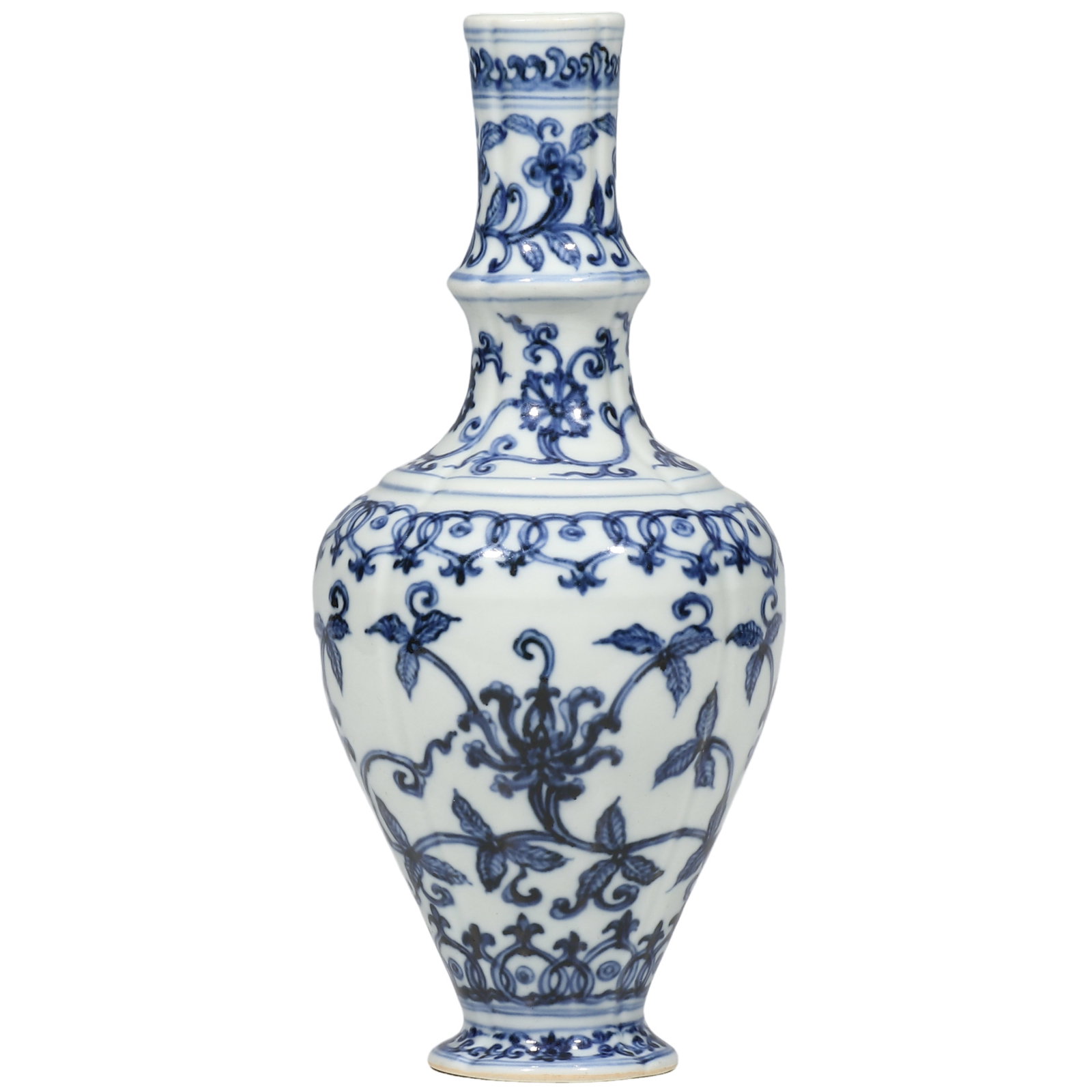 Ming Chenghua Period, Blue and White Melon?Ribbed Vase with Interlocking Floral Scrolls: Dimensions?H.27.5cm Condition & Provenance?Fully intact, no cracks or chips, well?preserved glaze, natural age wear on foot?rim. Formerly private collection of Arthur Miller, Dallas, Texas, U.S.A. Acq