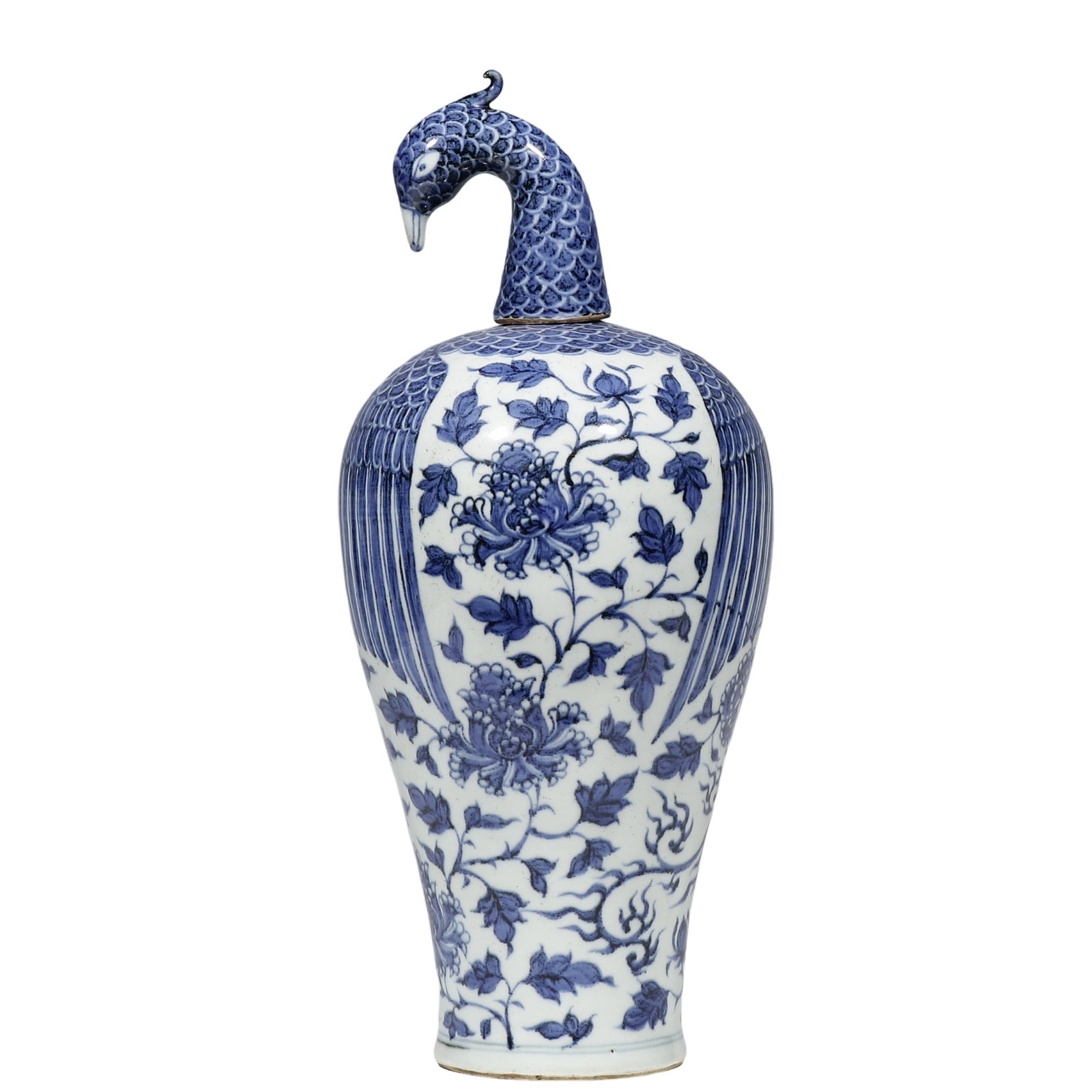 Yuan Dynasty, Blue and White Meiping Vase with Peacock?Form Cover and Interlocking Peony Scroll (1 of 6)