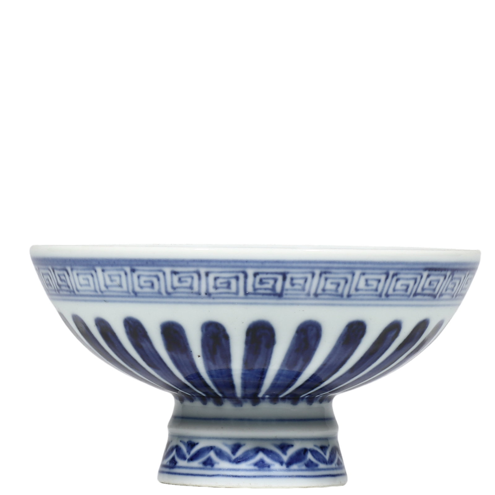 Ming Xuande Period, Blue?and?White Stem Bowl with Intertwined Floral?Fruit Motifs: Dimensions?D.14.5cm (0.476ft) Condition & Provenance?Completely intact, soft lustrous glaze, rich saturated cobalt?blue tone, minor age?related wear on rim, well?preserved base mark, no cracks or rest