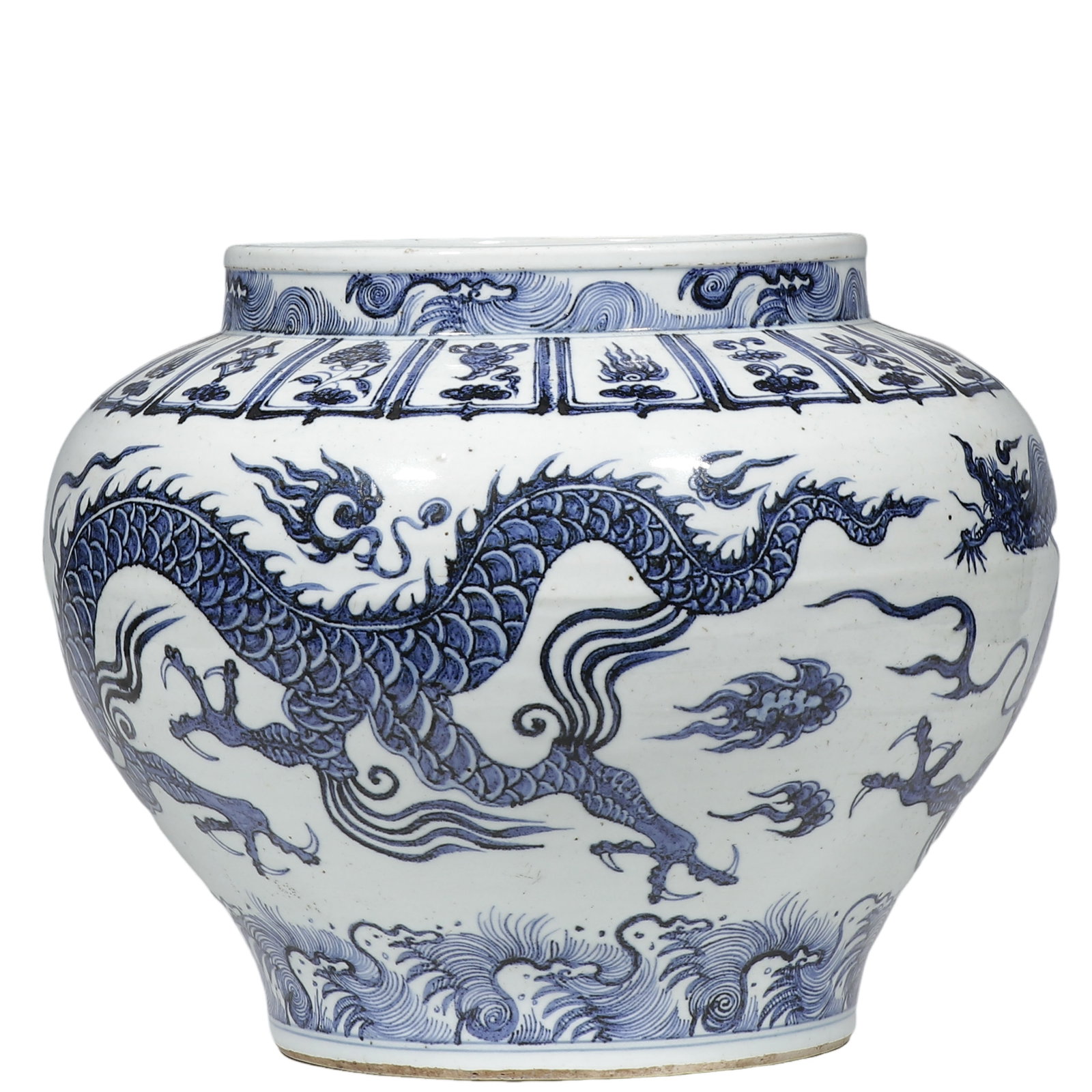 Yuan?Dynasty Blue?and?White Dragon Jar with Eight Buddhist Treasures and Ocean?Wave Motifs (1 of 6)
