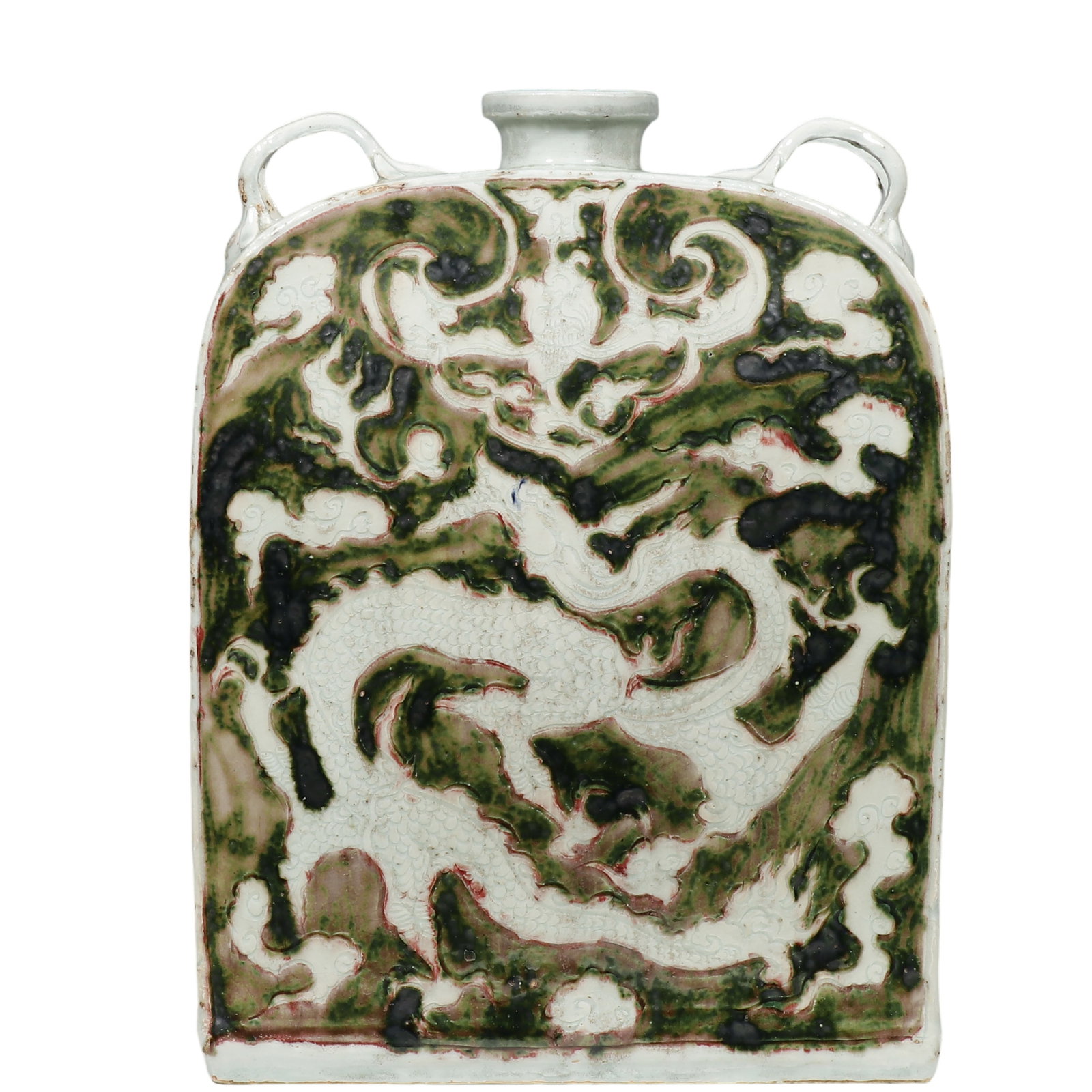 Yuan Underglaze?Red and Green?Glazed Four?Loop Flat Flask with Incised White Dragon amid (1 of 6)