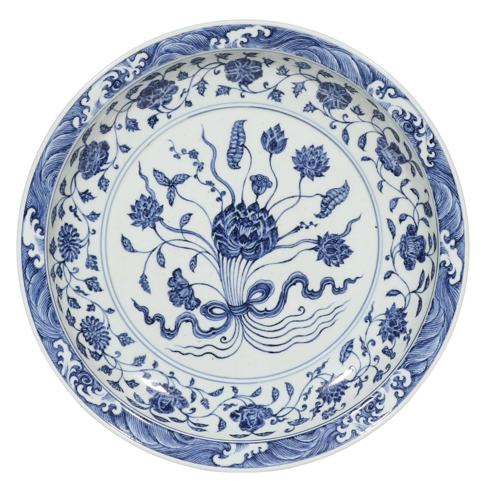 Ming Yongle Blue?and?White Large Dish with Bound Lotus Bouquet: Dimensions: Diam. 38.5?cm (15?1/8 in), 15th?century Yongle reign, Ming dynasty Condition & Provenance: Condition: Fully intact, no chips, cracks or restoration. Flared rim, shallow curved body,