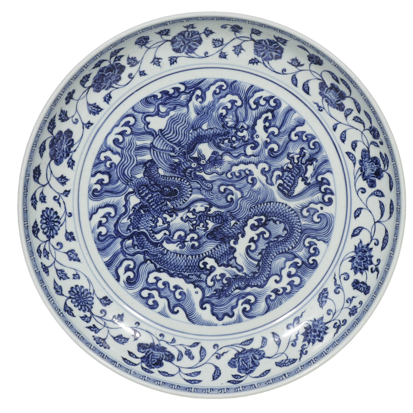 Yuan Blue?and?White Large Dish with Twin?Dragons amid Ocean Waves (1 of 6)