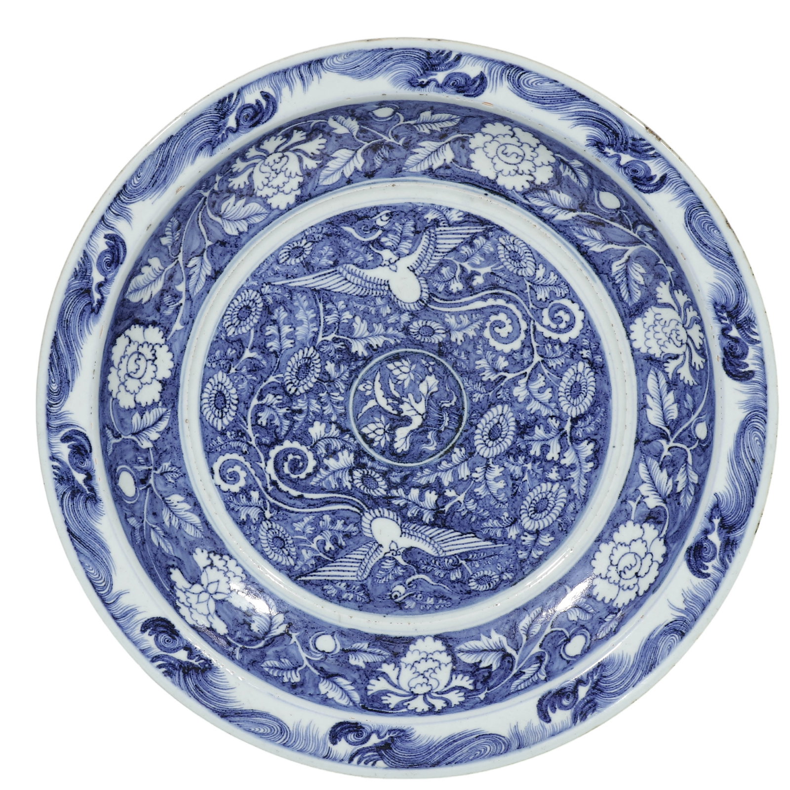 Yuan Blue?and?White Reverse?Ground Large Flared?Rim Dish with Double?Phoenix and Scrolling (1 of 6)