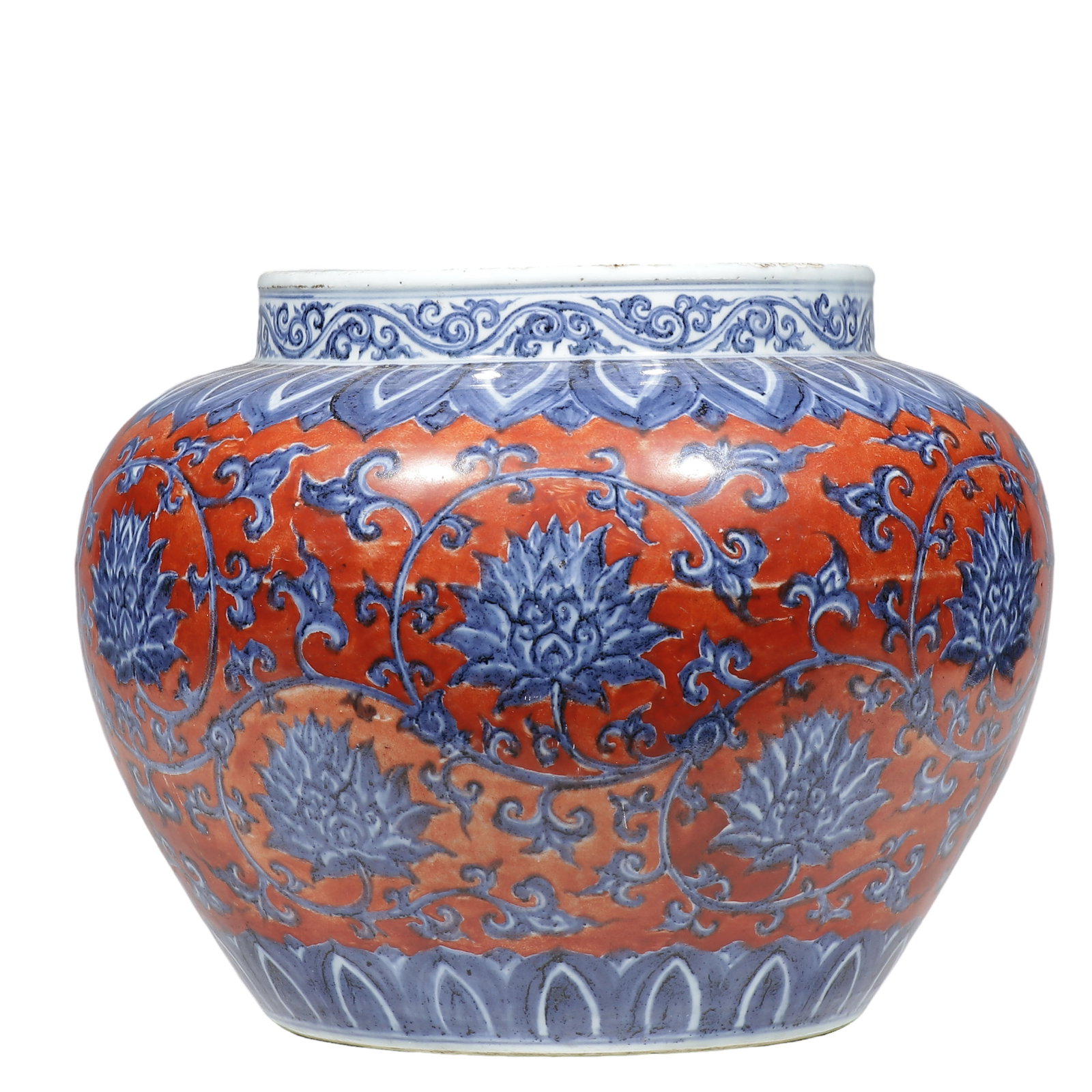 Mid?Ming Dynasty,15?16th Century,A Large Iron?Red Ground Underglaze?Blue Porcelain Jar with: Dimensions?Height 29.5cm(11.61 in),Mouth Diameter 18.2cm(7.17 in),Base Diameter 21.4cm(8.43 in),15?16th Century Condition & Provenance?The jar is fully intact without cracks. Minor age?related wear