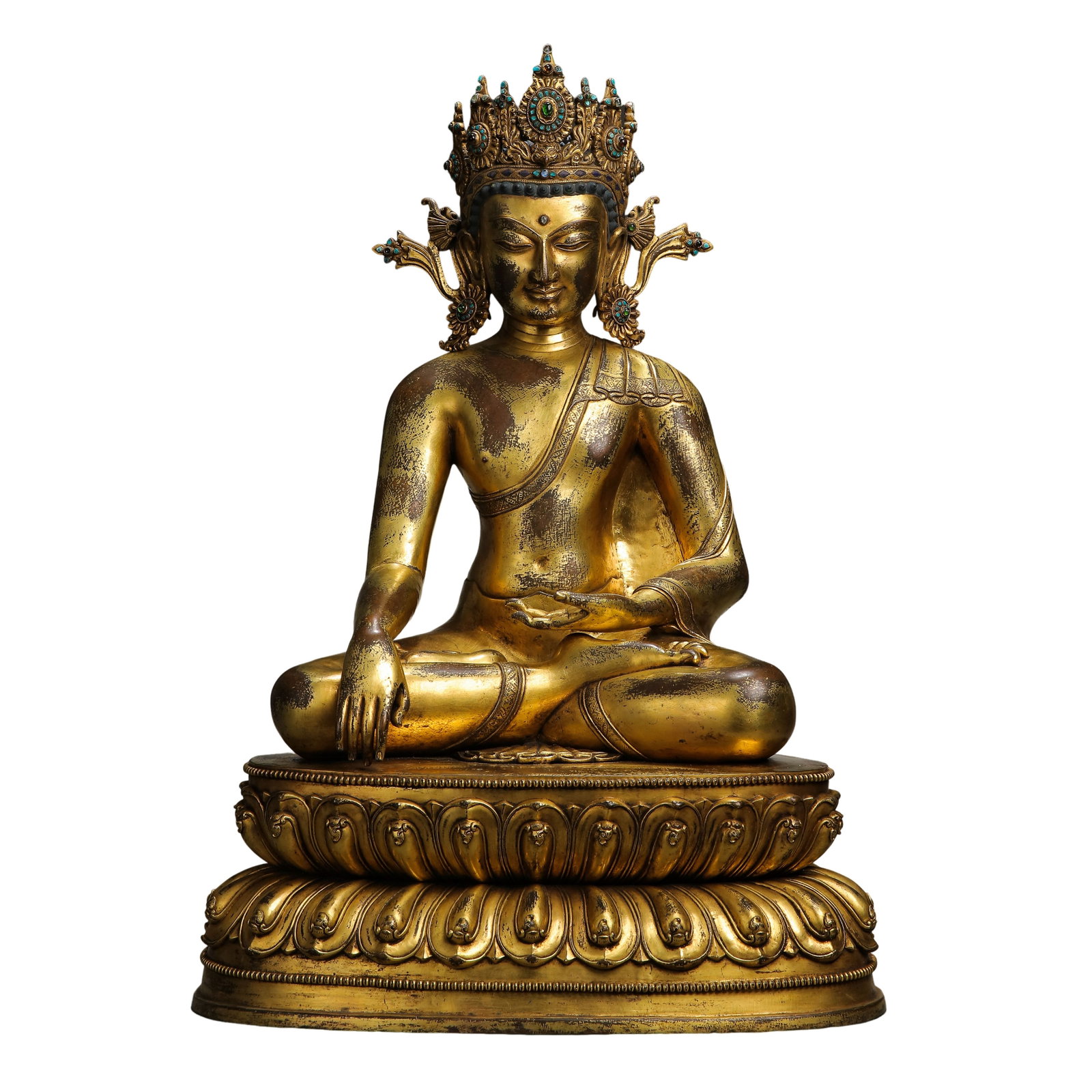 Sino?Tibetan Gilt?Bronze Crowned Shakyamuni Buddha, 18th Century, Qing Dynasty: Dimensions?Height 62?cm Width 41?cm Weight 20?kg