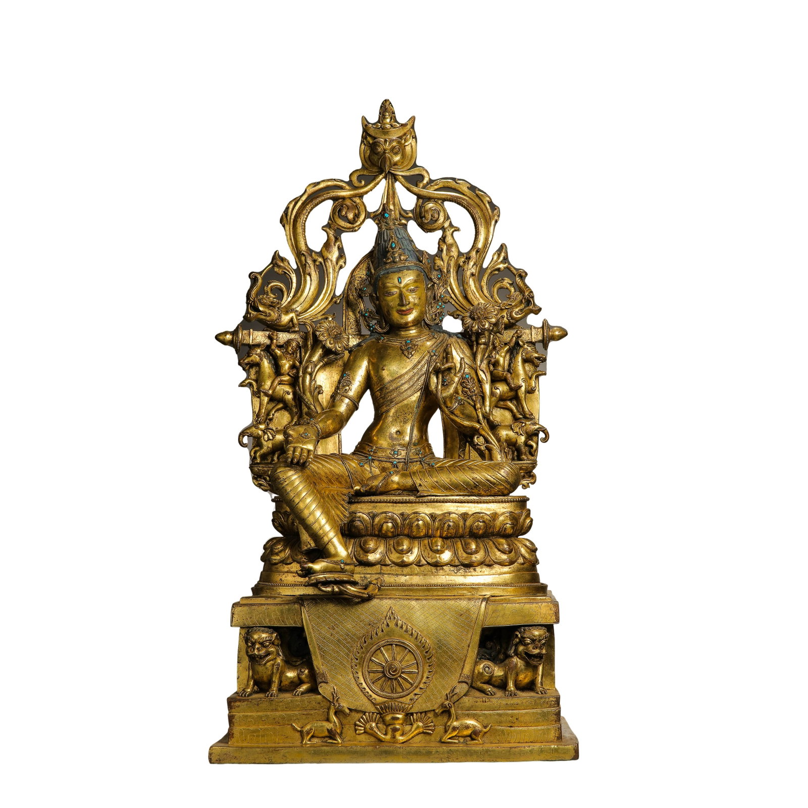 Sino?Tibetan Gilt?Bronze Seated Green Tara with Mandorla and Throne Base,18th Century,Qing: Dimensions?Height 90?cm Width 46?cm Weight 52.4?kg