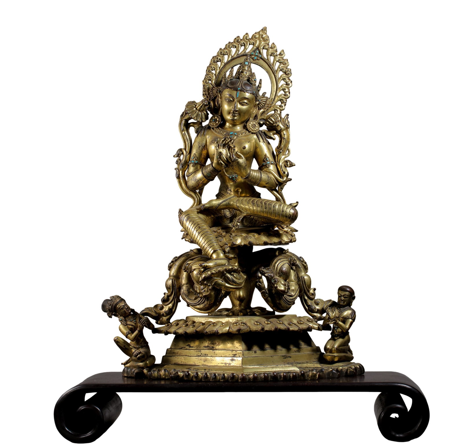 Sino?Tibetan Gilt?Bronze Manjushri in Lalitasana with Mandorla, Throne Base and Attendant: Dimensions?Height 60?cm Width 40?cm Weight 20.6?kg