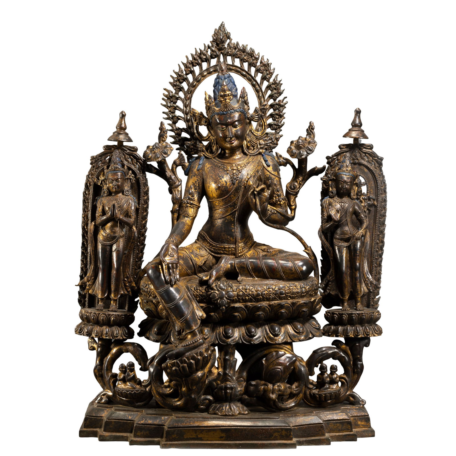 Sino?Tibetan Gilt?Bronze Complete Set of Tara (Green Tara) with Mandorla, Flanking Attendants: Dimensions?Overall Height 72.5?cm (28.54?in), Overall Width 52?cm (20.47?in), Weight 43?kg (94.89?lbs) Condition & Provenance?The full ensemble including main deity, flame?pattern open?work mandorla,
