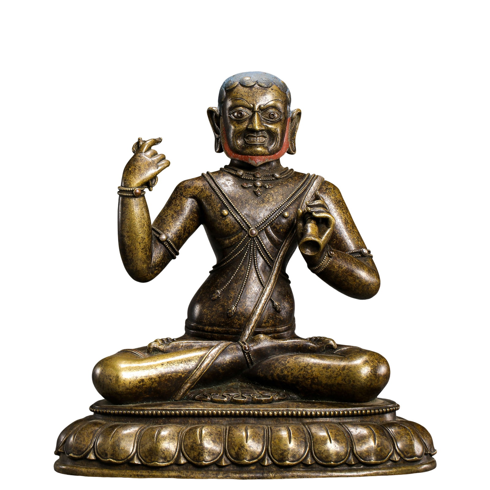Tibetan Copper?Alloy Sculpture of Mahasiddha (Yogi), 18th Century, Qing Dynasty: Dimensions?Overall Height 34?cm (13.39?in), Overall Width 31?cm (12.20?in), Weight 6.75?kg (14.88?lbs) Condition & Provenance?The figure and lotus throne are cast as one integral piece. Original
