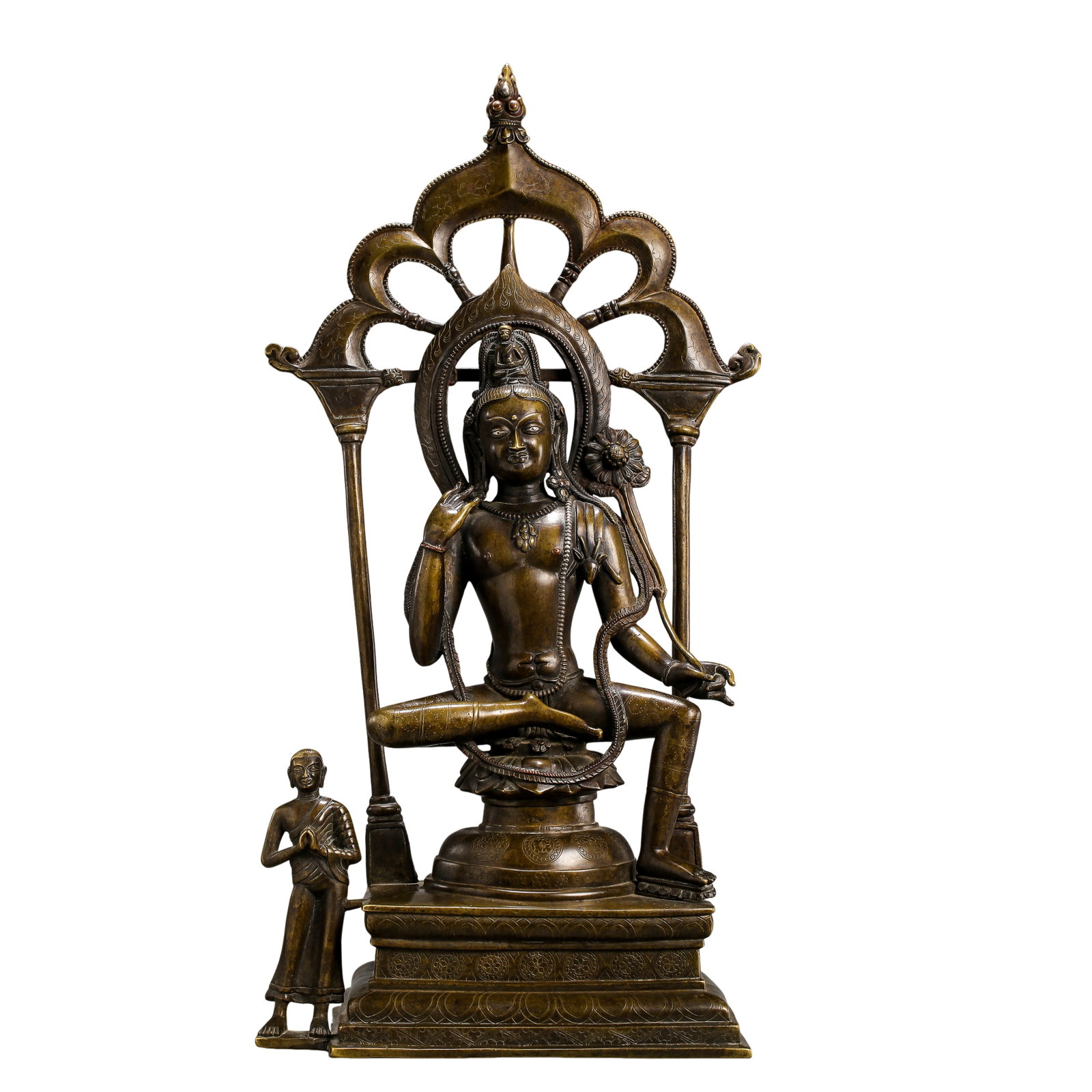 Tibetan Copper?Alloy Complete Set Statue of Avalokiteshvara (Padmapani), 18th Century, Qing: Dimensions?Overall Height 51?cm (20.08?in), Overall Width 26.5?cm (10.43?in), Weight 5950?g (13.12?lbs) Condition & Provenance?The main deity, mandorla backplate, base and attendant monk are original