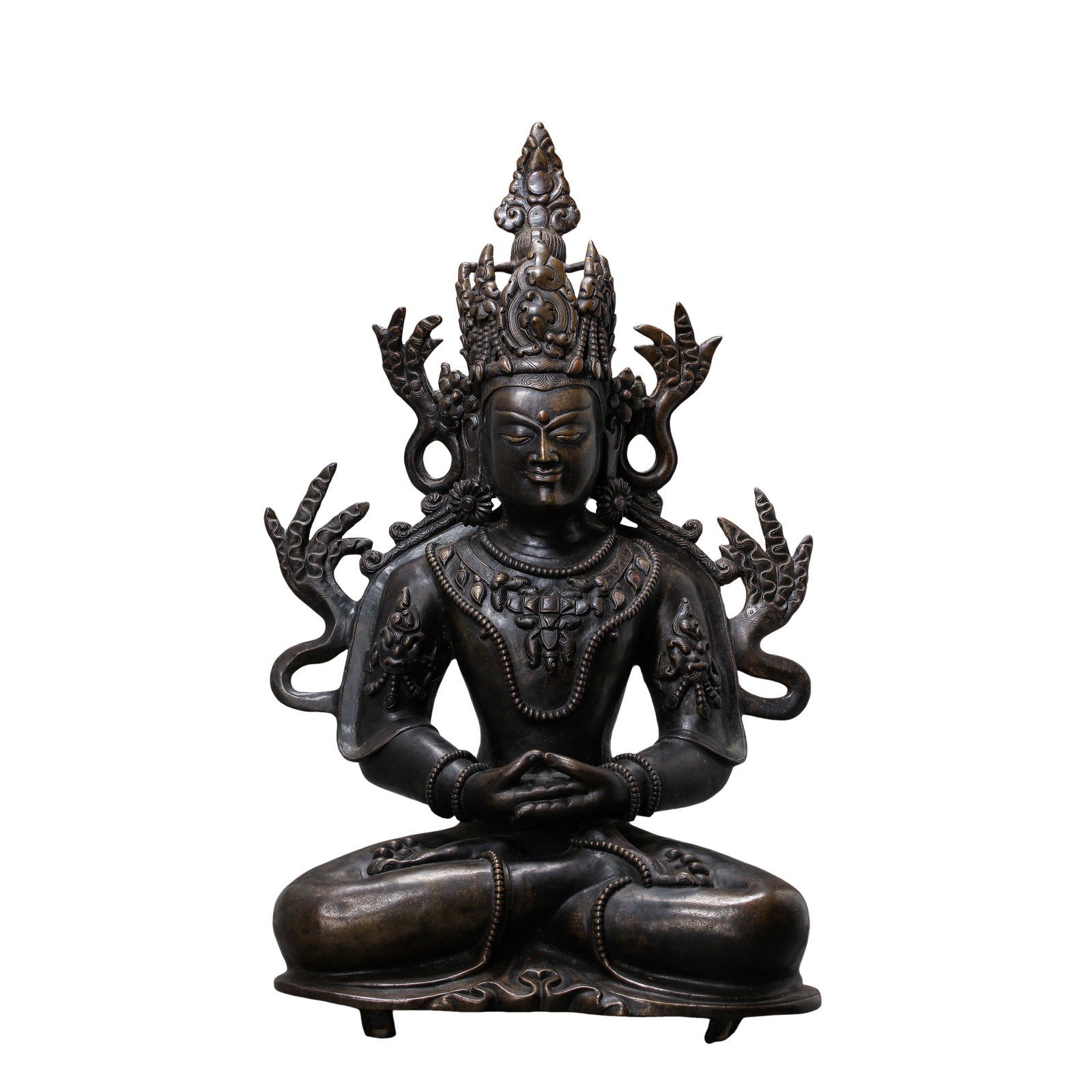 Tibetan Copper Statue of Amitayus, 18?19th Century, Qing Dynasty: Dimensions?Overall Height 34?cm (13.39?in), Overall Width 22.5?cm (8.86?in), Weight 1985?g (4.38?lbs) Condition & Provenance?Entire figure cast in one?piece lost?wax technique. Crown, foliate
