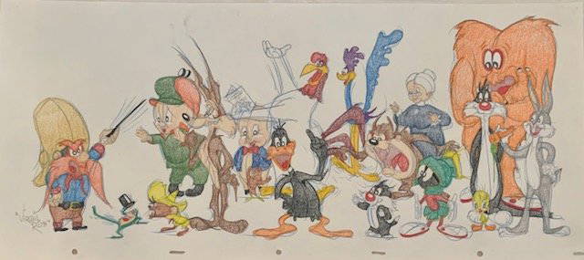 Virgil Ross Original Illustration Looney Gang Signed: Virgil Ross - Looney Gang Original Conceptual Illustration (Warner Brothers, c. 1990's). This hand-signed, conceptual pan-drawing by Virgil Ross, rendered in graphite and colored pencil on 6-peg hole