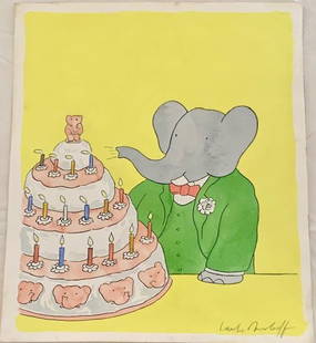 Babar Original Illustration by Laurent de Brunhoff: Laurent de Brunhoff - Original Vintage illustration of Babar rendered in watercolor, on watercolor paper. Hand-Signed, bottom right. This wonderful composition of Babar who first appeared in 1931, mea