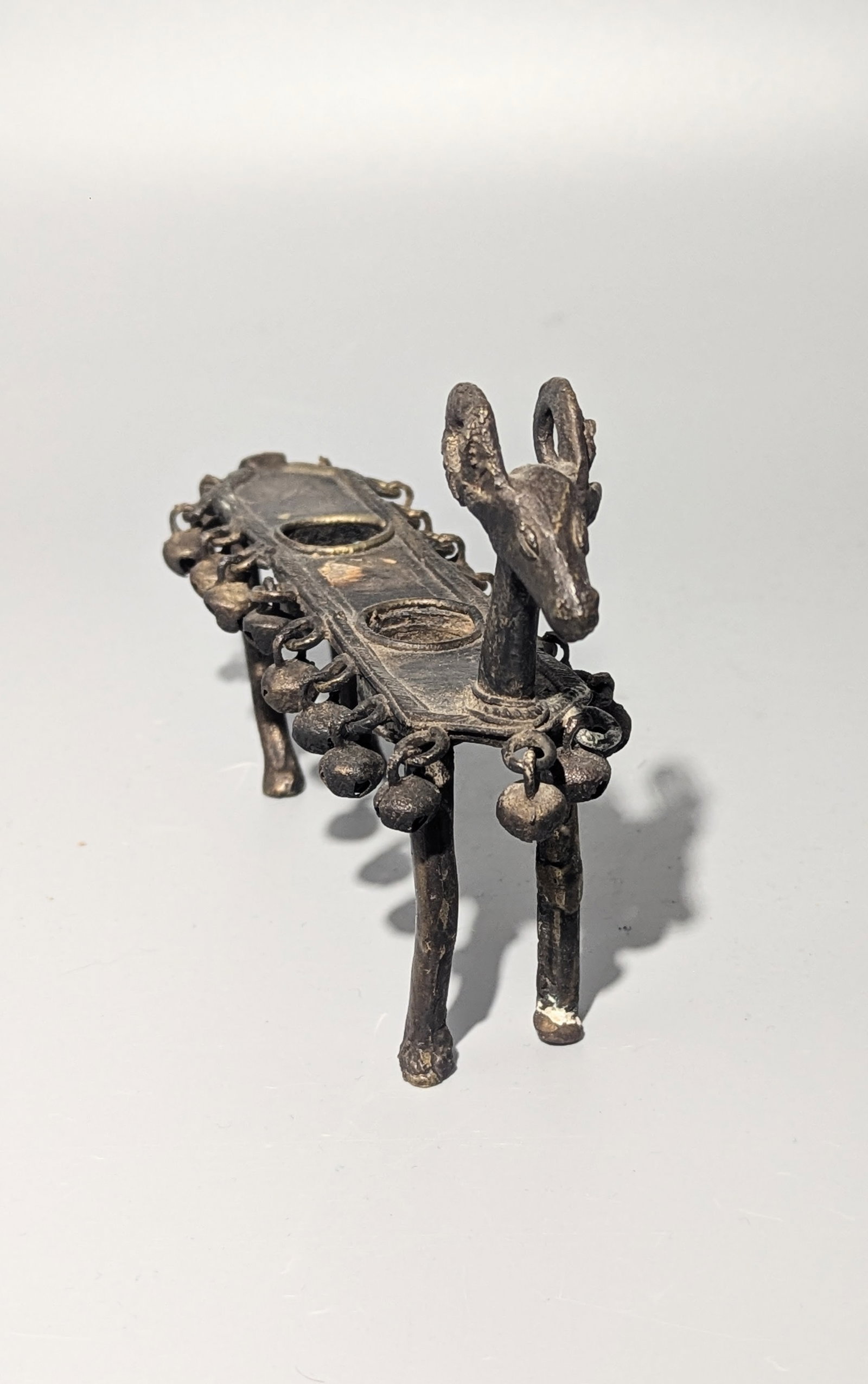 West African Bronze Ram-Headed Ritual Offering Stand with Bells, Mali Region (1 of 5)