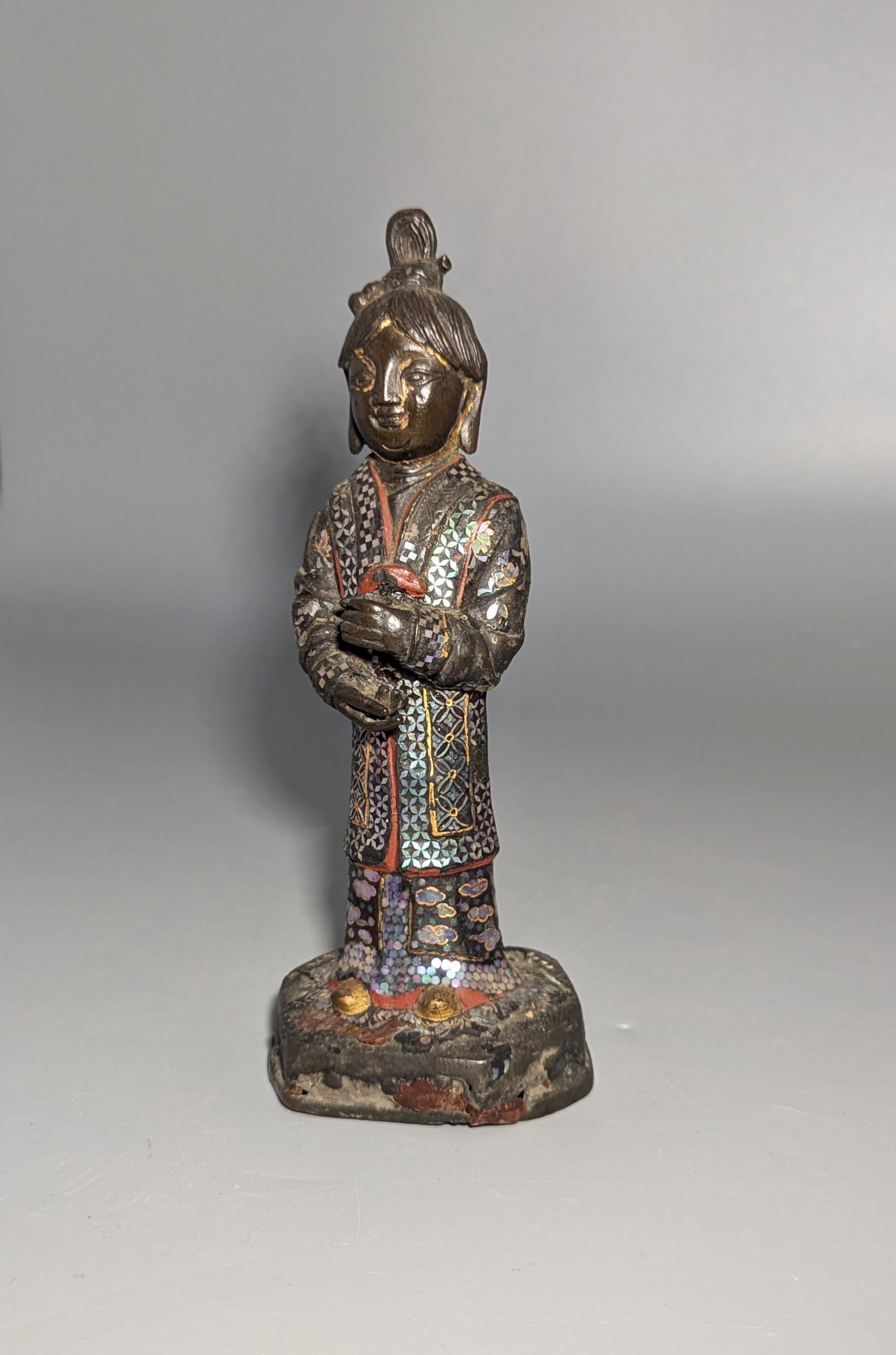 Rare Chinese Inlaid Bronze Figure of a Female Attendant (1 of 7)