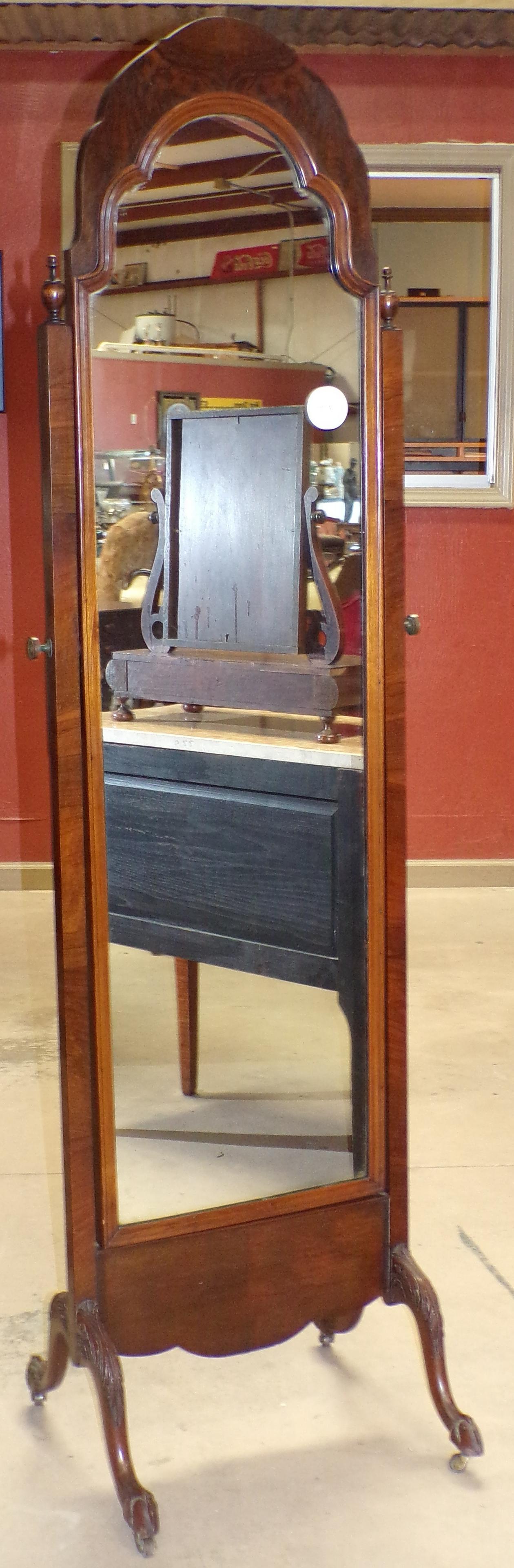 19th-20th Century Cheval Mirror: Burlwood Chippendale Style, 70" Tall, 19" Wide, 17" Deep