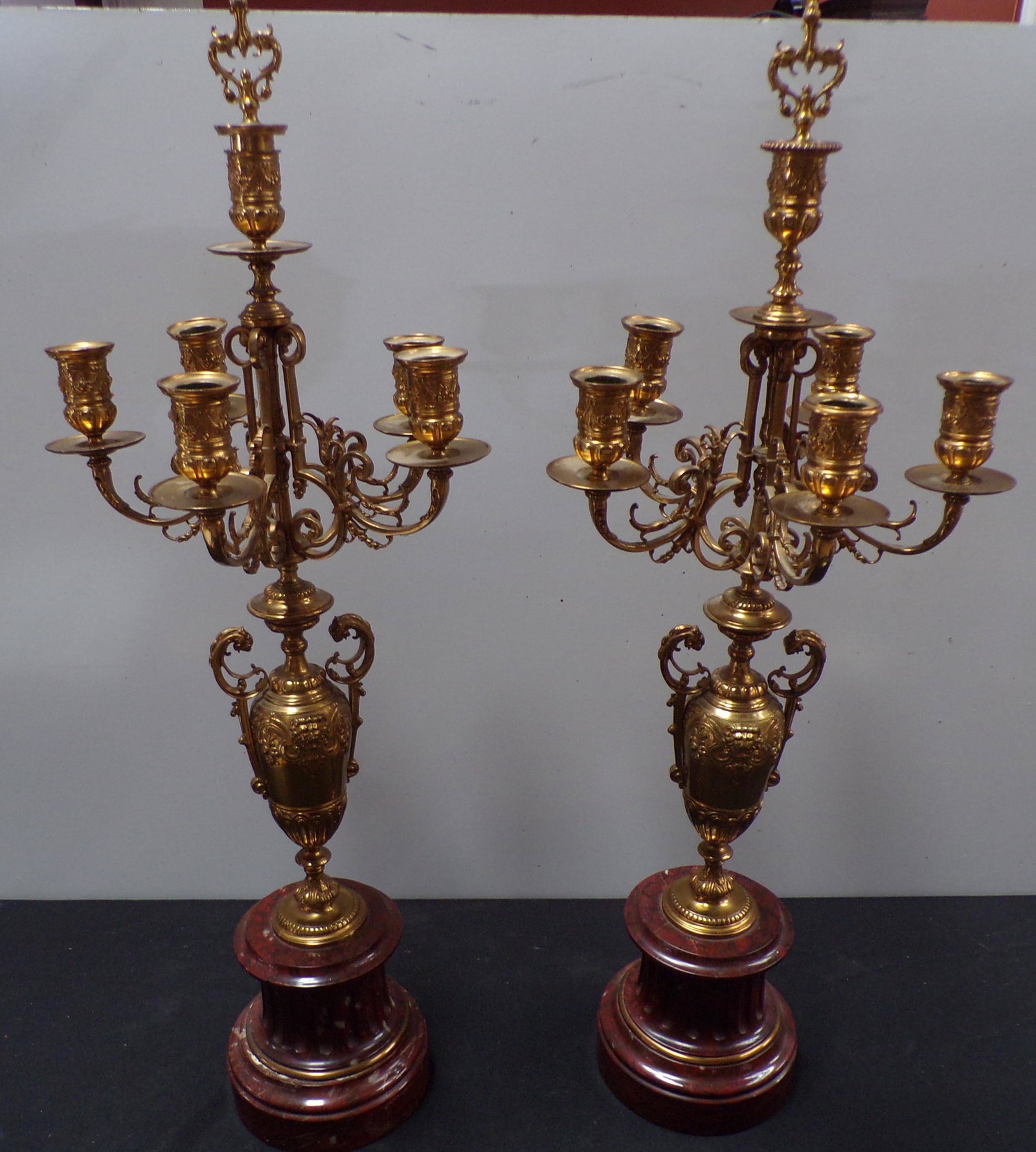 19th Century Candelabras: Brass & Marble, 29" Tall, 10.5" Wide, 10.5" Deep