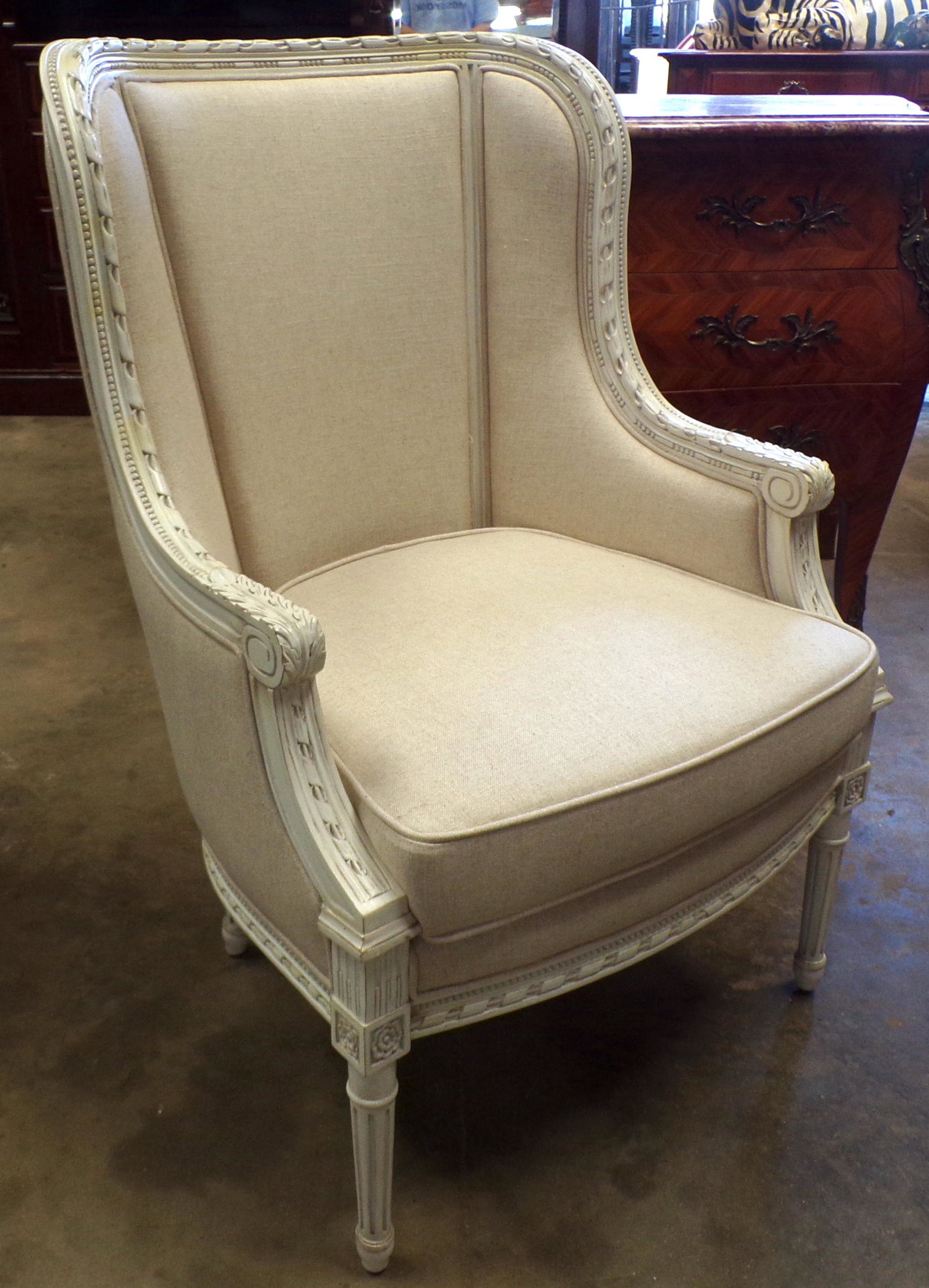20th Century Louis XVI Bergere: White Polychrome Wood, 40" Tall, 27" Wide, 27" Deep