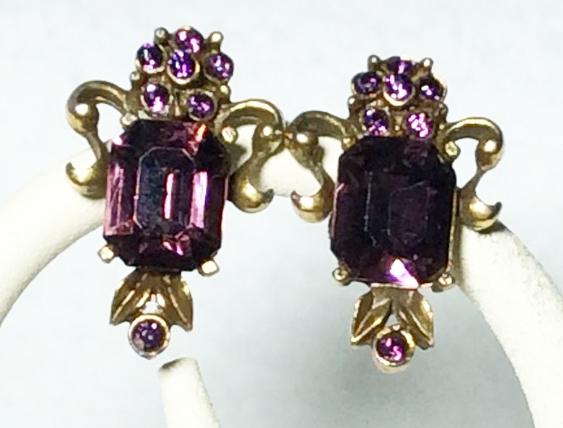 Coro Vintage Rhinestone Earrings: Title: Vintage Amethyst Colored Rhinestone Earrings Maker: Coro Materials: Rhinestone Dimensions: 1"L Description Vintage Coro amethyst colored screw-back earrings. Marked on the screw-backs. Good con