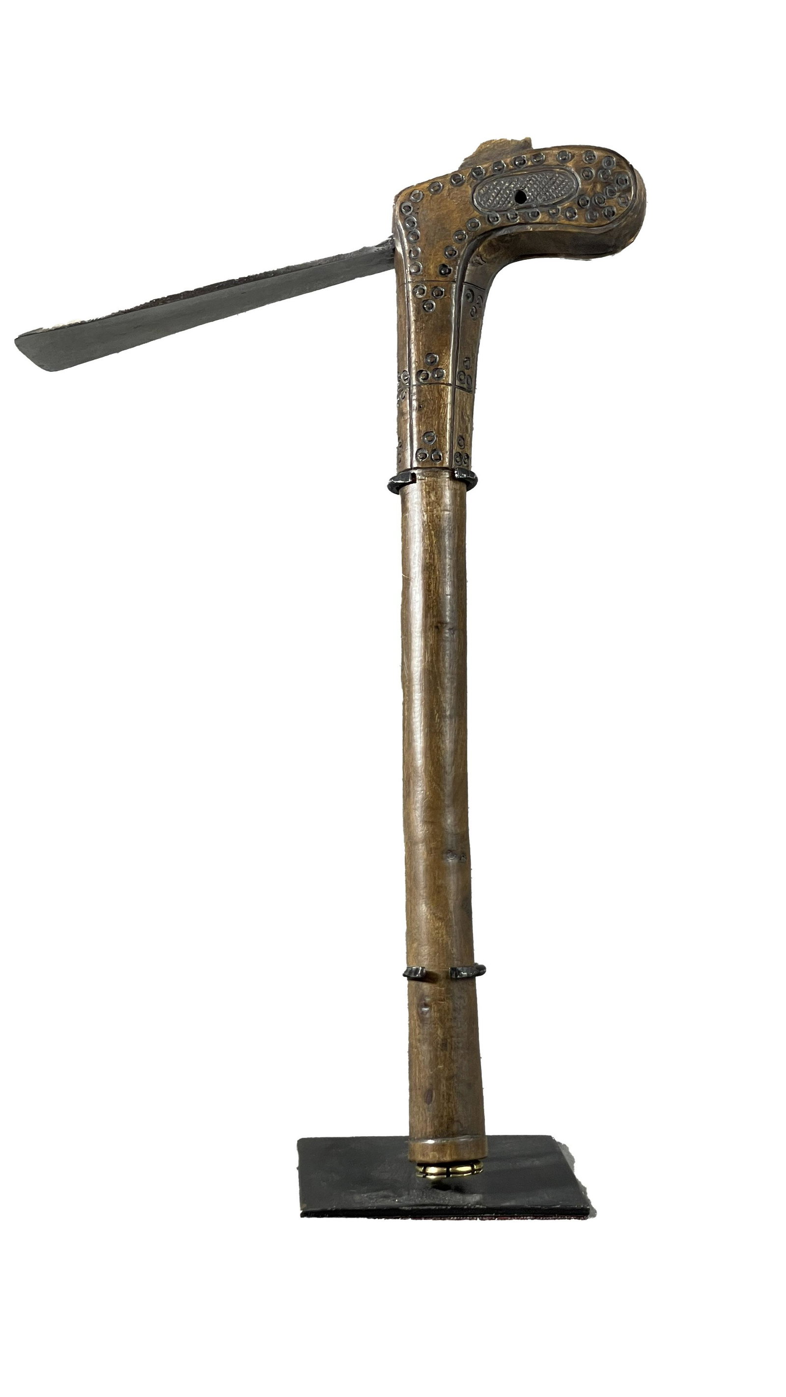 African Congo War Hammer/Axe Display Included: Country of Origin: Presently Democratic Republic of the Congo (DRC); originates from the era of the Belgium Congo (1908-1960) Early 20th Century war hammer/axe. Hand-forged metal blade and wooden hand