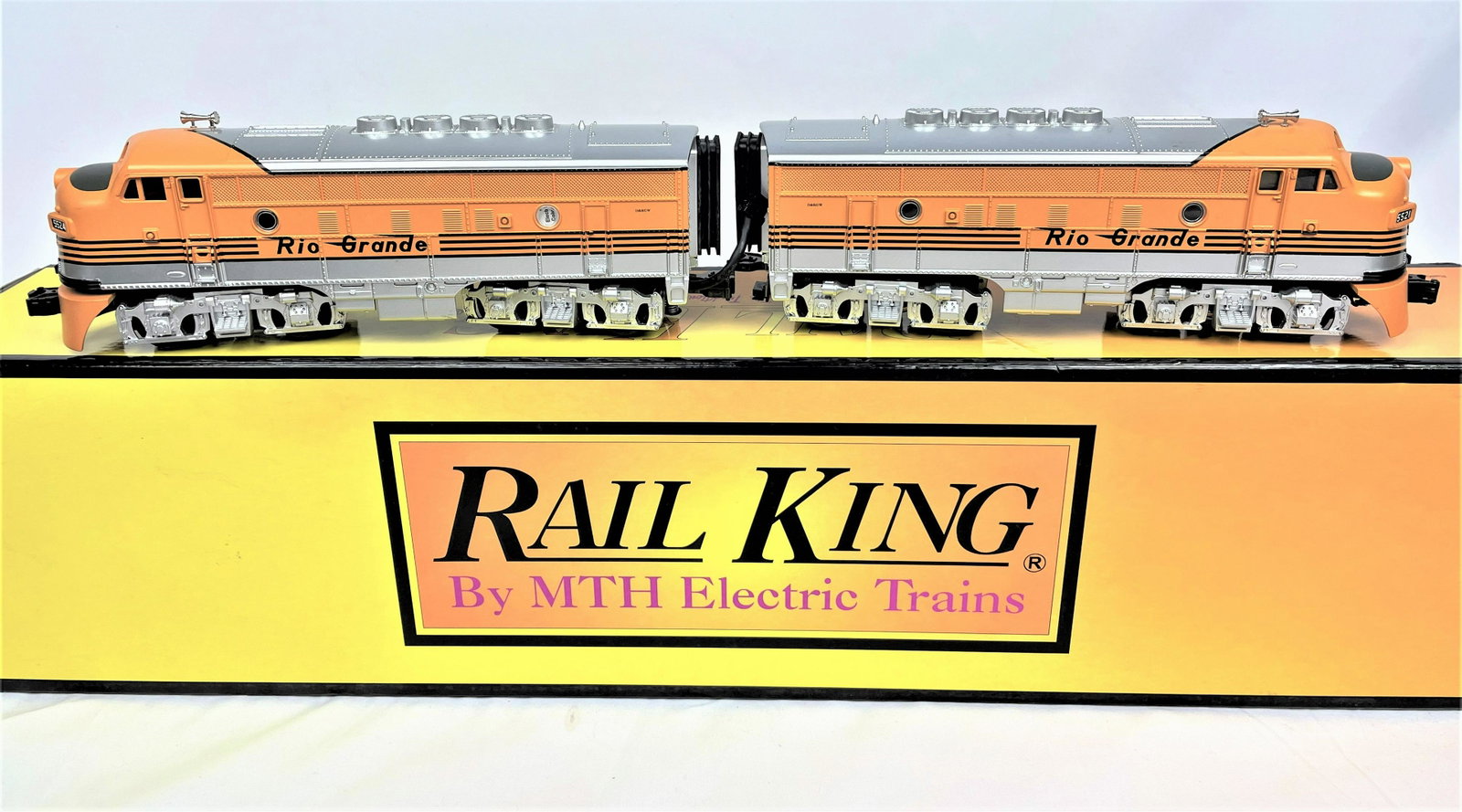 Rail King Denver Rio Grande Diesel Train Set: Rail King Denver Rio Grande F-3 AA Diesel Set, 3-rail, horn. Item No. 30-2184-0, in original box. Does not appear to have been used. Light wear on box. Box 28" long.