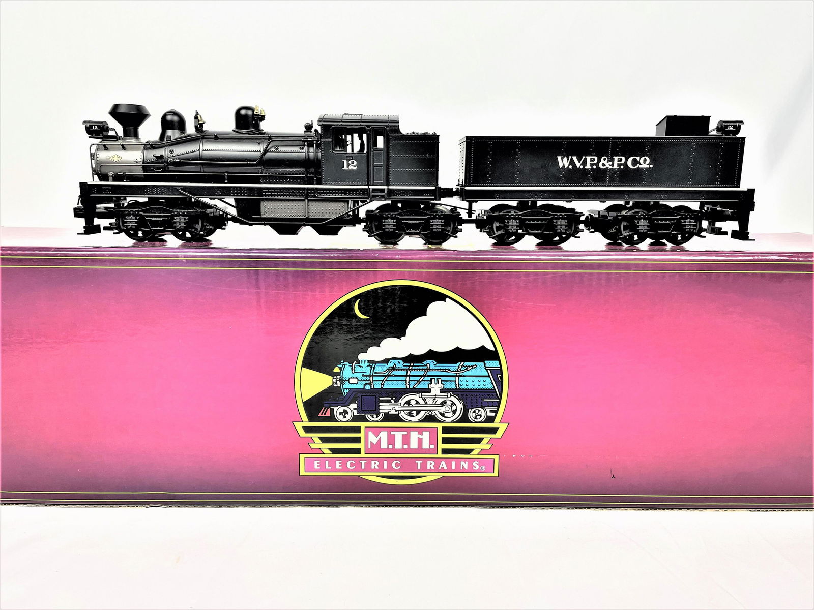 MTH W.V.P. & P. Shay Steam Engine Set: MTH W.V.P. & P. Shay O scale die-cast steam engine & tender set.No 20-3023-1. Unused in Original Box. Includes original operating instructions. Very light wear to box. Light wear to interior styrofoam