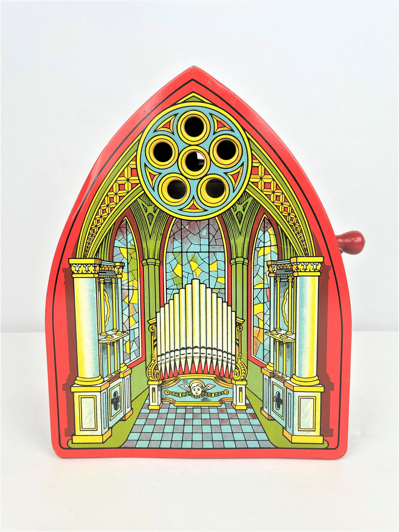 Early J. Chein Wind Up Musical Cathedral: 1930s J. Chein tin litho wind up musical organ cathedral church. Working condition. Good condition for its age; some rubbing and tin is pulling away slightly on one edge as seen. Colors are clear and 
