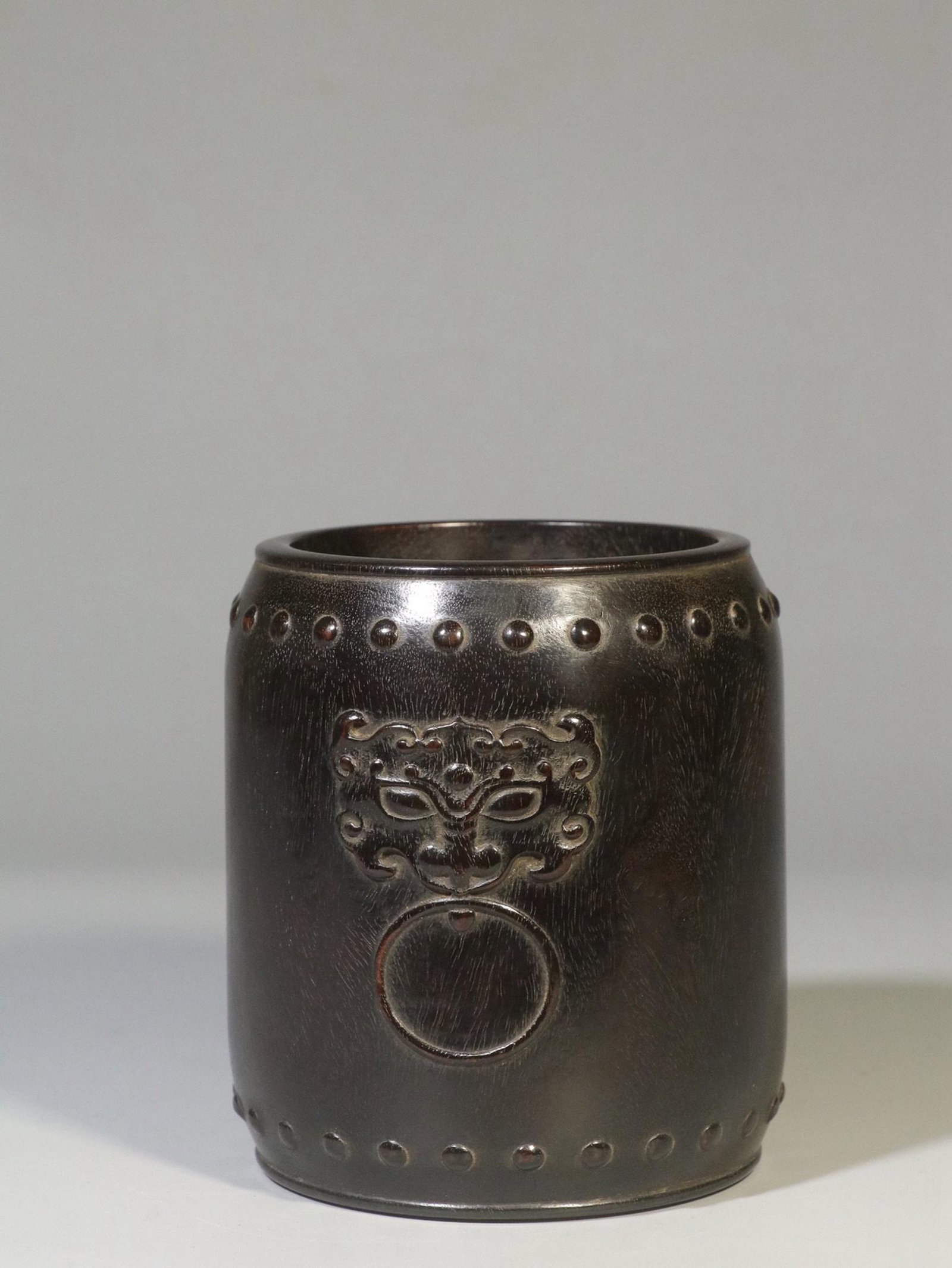 Zitan Wood Brush Pot: Zitan Wood Brush Pot Height 13.4cm, Diameter 12.2cm, Weight 795g All measurements are approximate