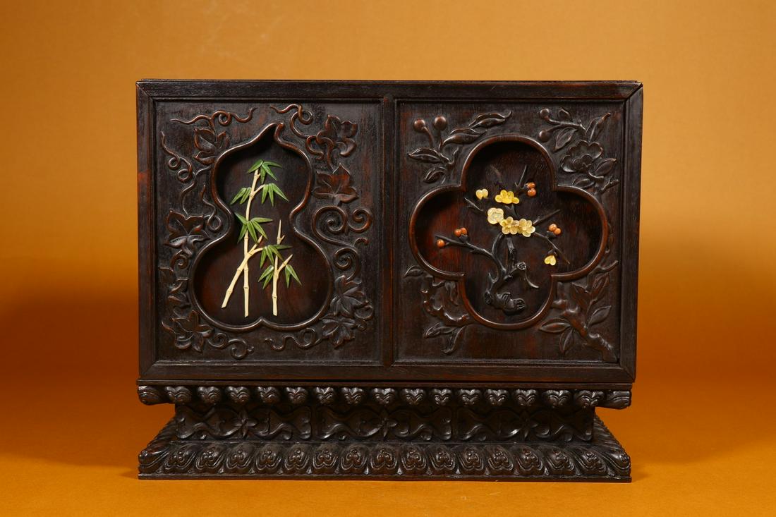 Qing Dynasty - Zitan Wood Gems Inlaid 'Bird & Floral' (1 of 9)