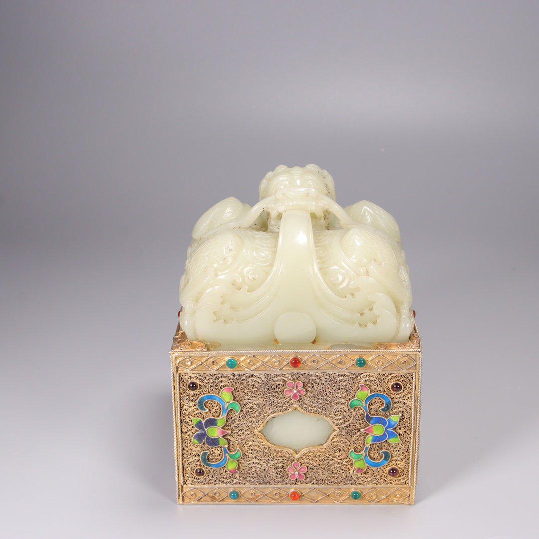 Qing Dynasty - Hetian White Jade Gilt Silver Wire Gems (1 of 9)