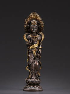 Sterling Silver Gold Inlaid Avalokitesvara Standing Figure: Sterling Silver Gold Inlaid Avalokitesvara Standing Figure Size: Height 29cm, Width 7.5cm, Thickness 7.2cm, Weight 872g All measurements are approximate
